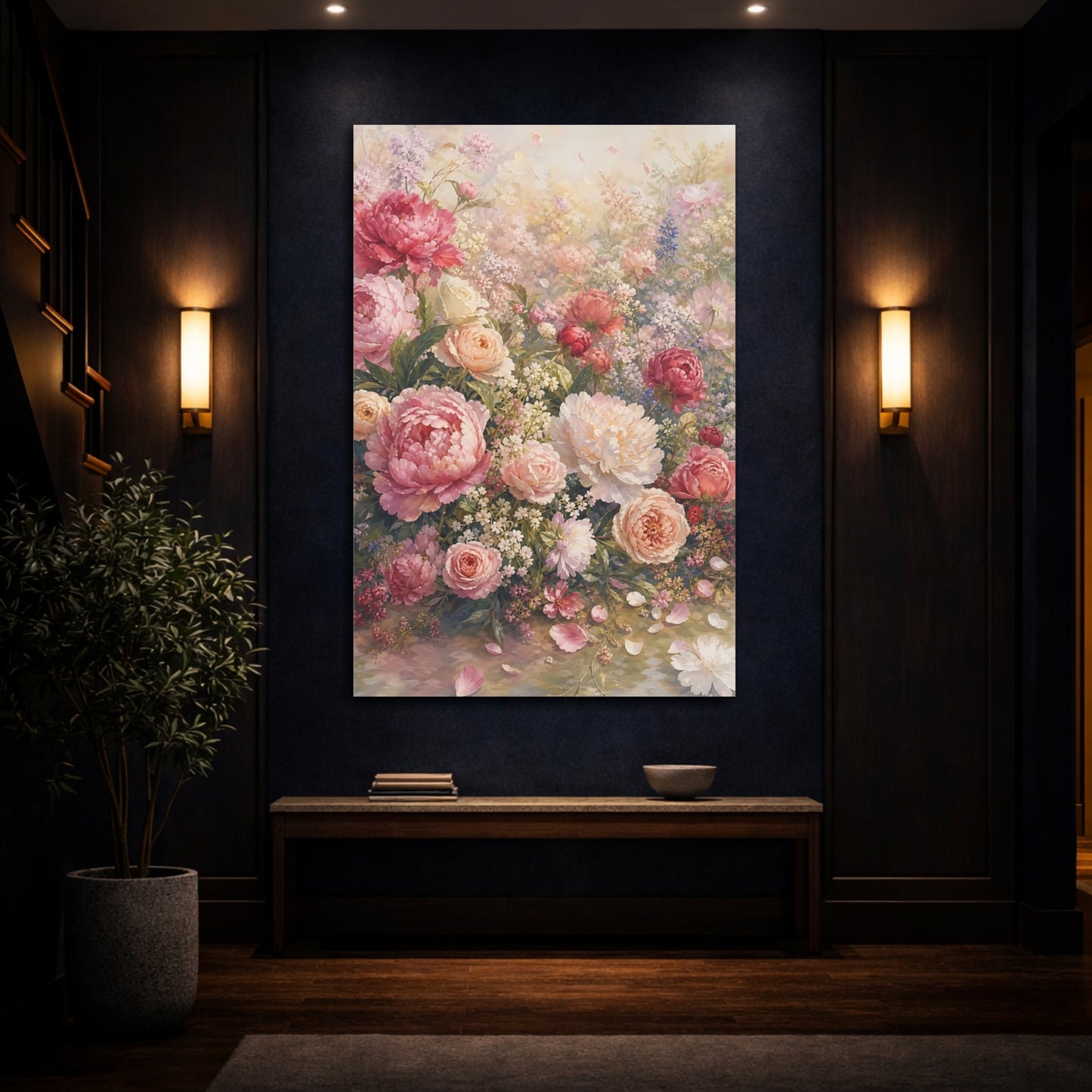 Mockup 4. Floral Peonies And Roses Pink Peonies shown as stretched canvas wall art