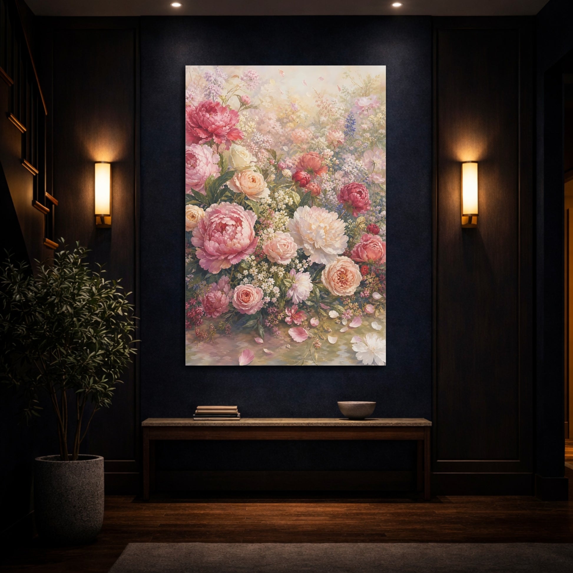 Mockup 4. Floral Peonies And Roses Pink Peonies shown as stretched canvas wall art