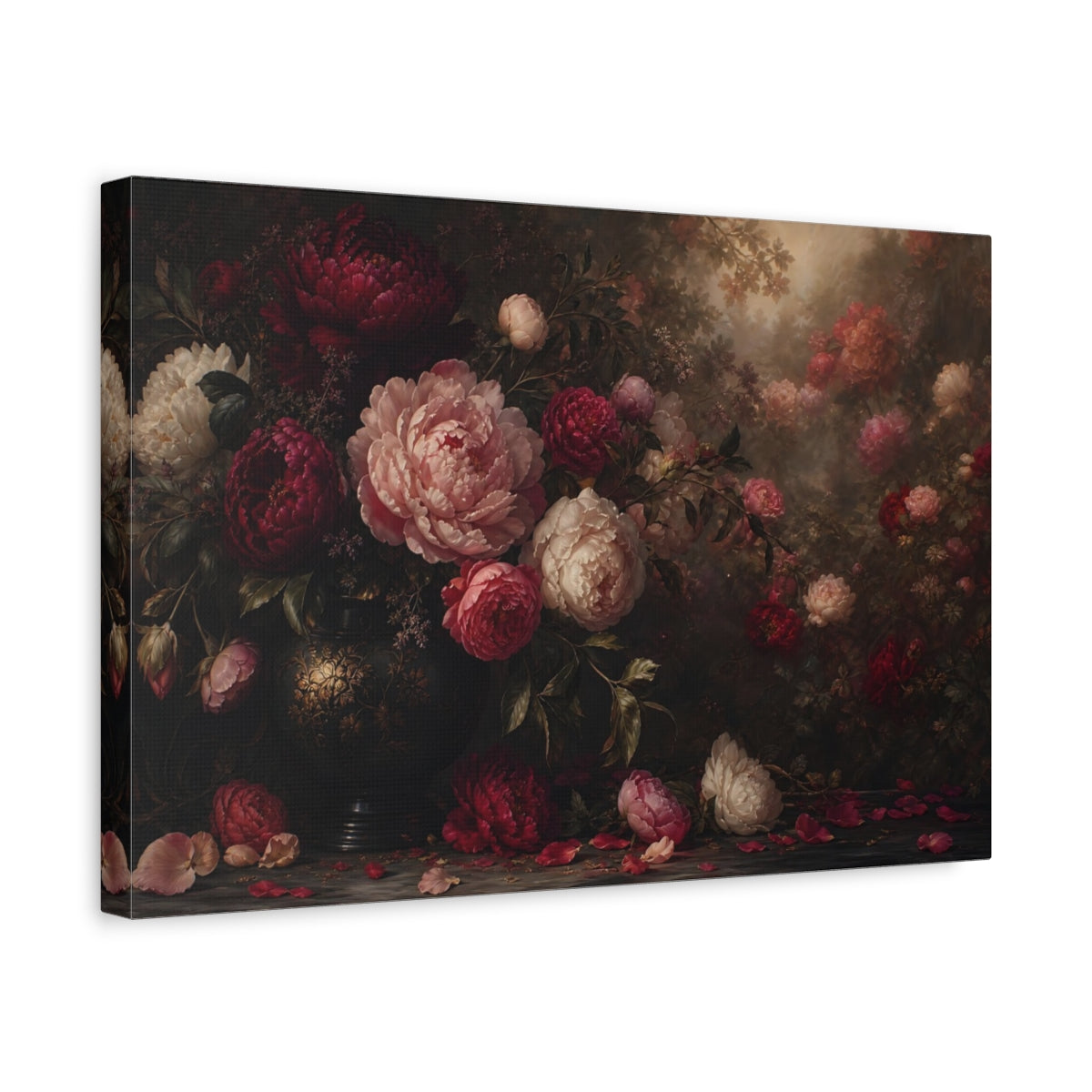 Side Mockup 4. Floral Peonies Dark Floral Peonies shown as stretched canvas wall art