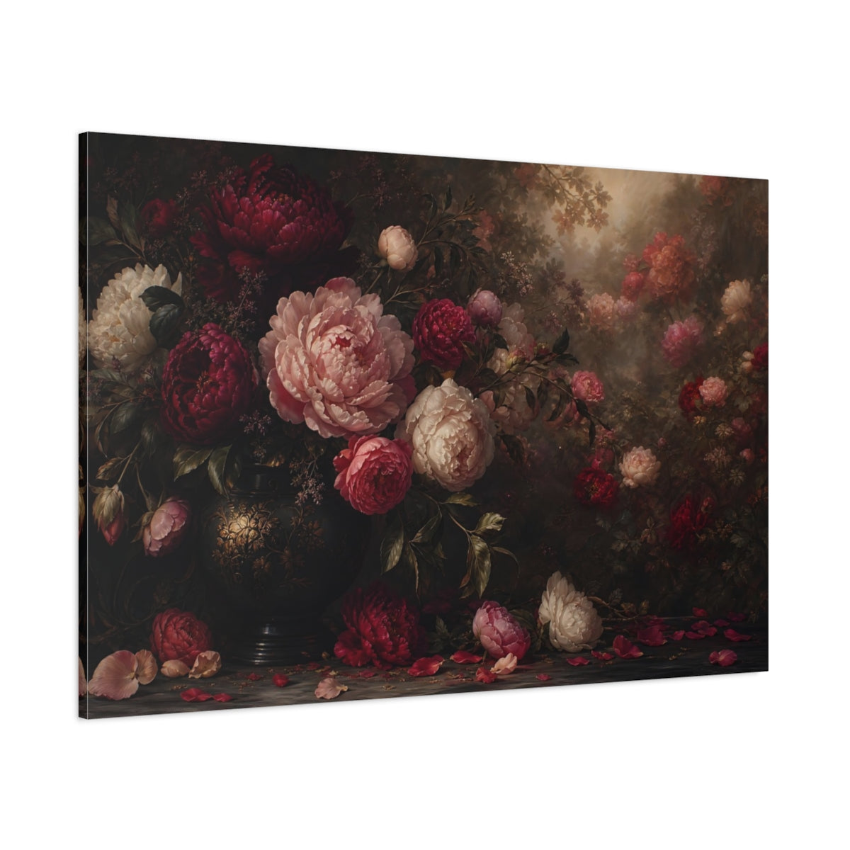 Side Mockup 1. Floral Peonies Dark Floral Peonies shown as stretched canvas wall art