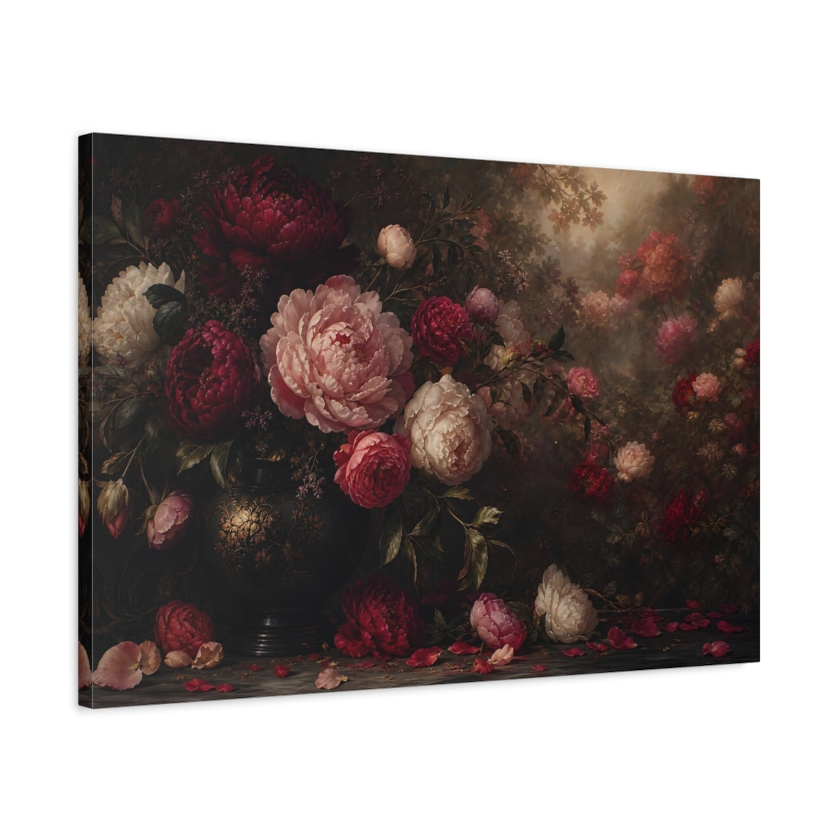 Side Mockup 2. Floral Peonies Dark Floral Peonies shown as stretched canvas wall art