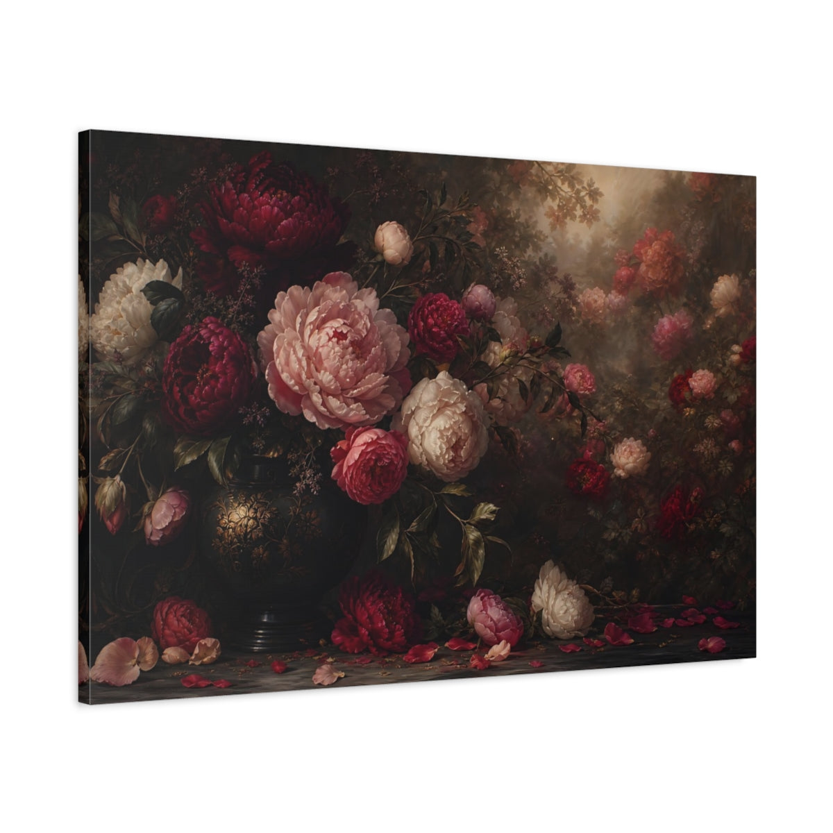 Main Mockup. Floral Peonies Dark Floral Peonies shown as stretched canvas wall art