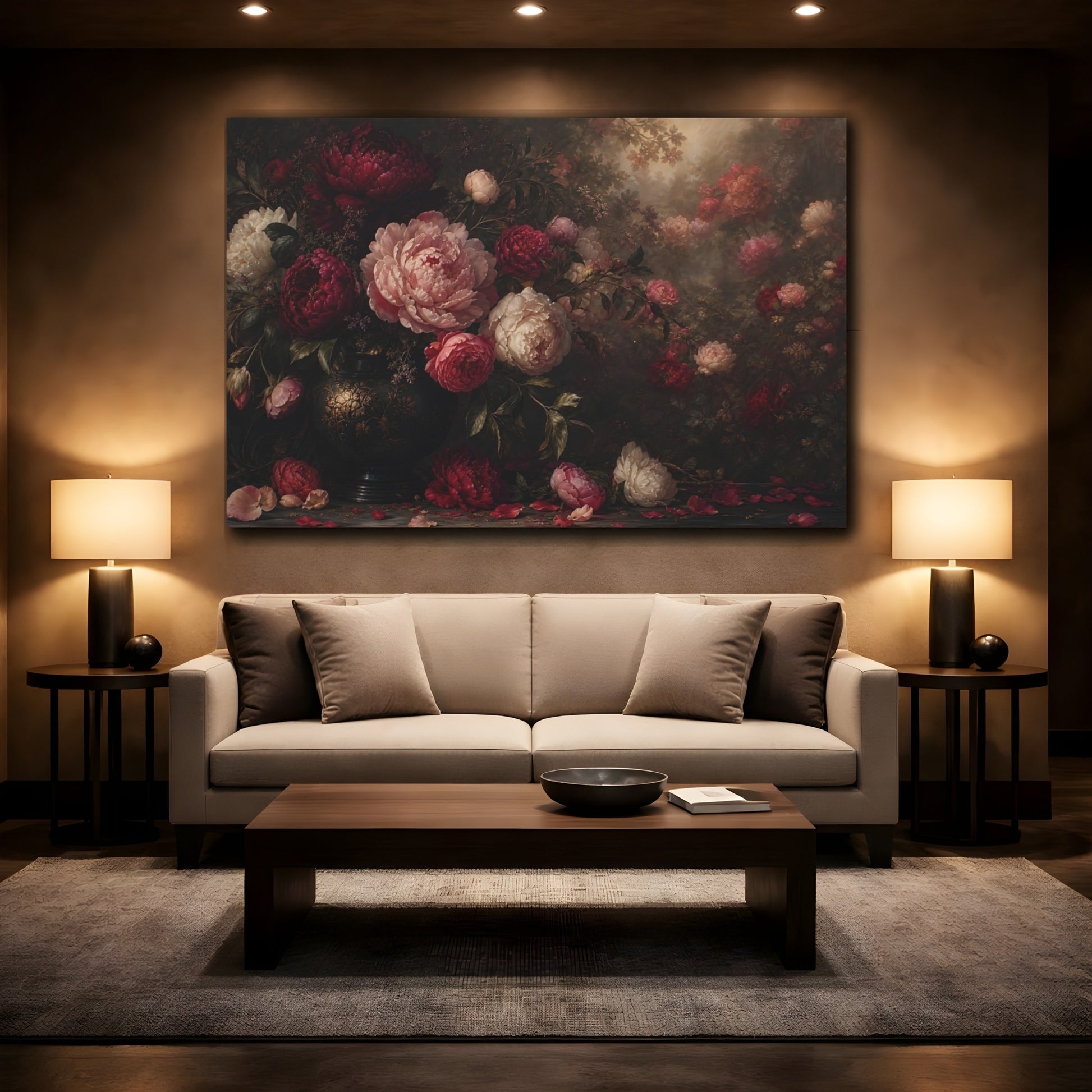 Mockup 2. Floral Peonies Dark Floral Peonies shown as stretched canvas wall art
