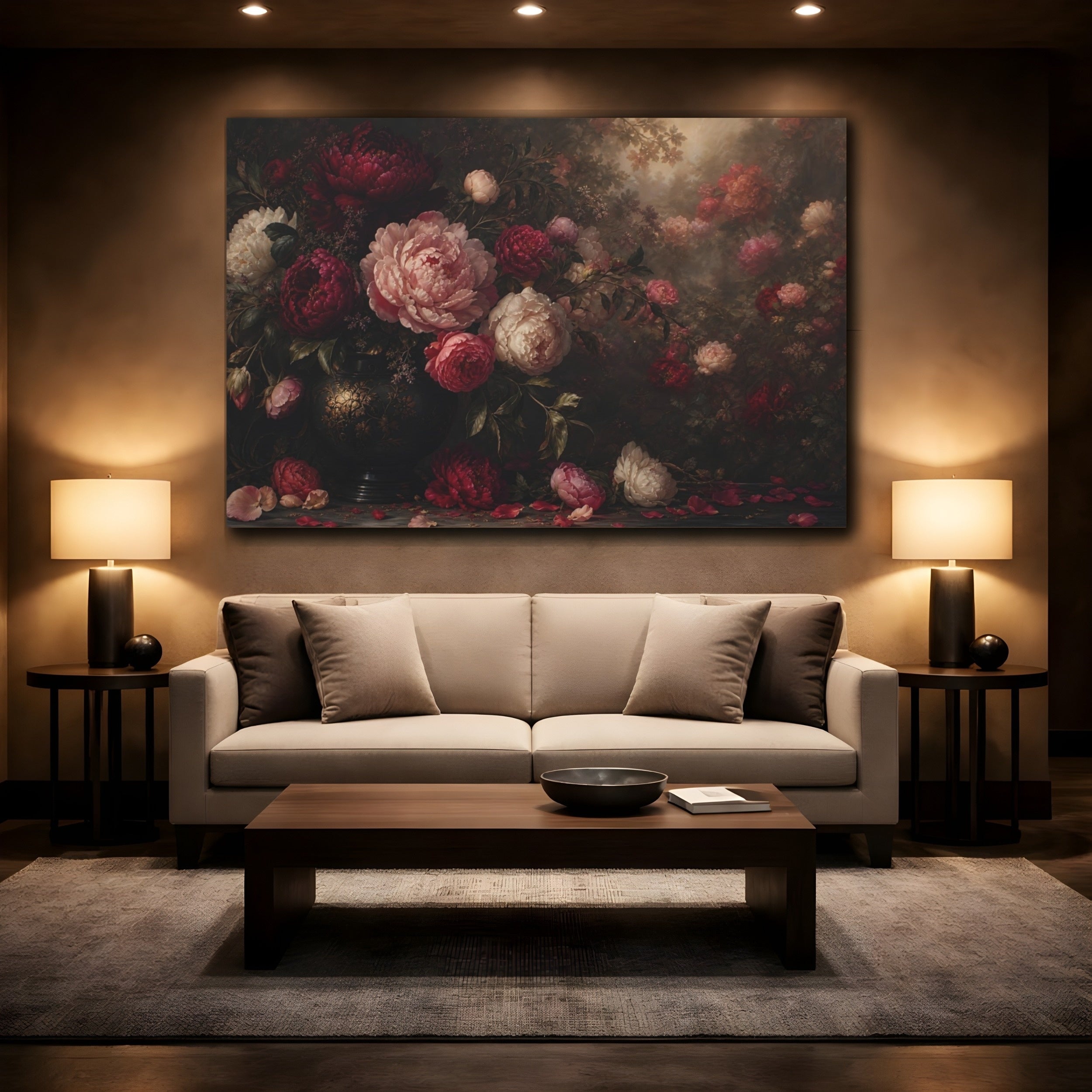Mockup 2. Floral Peonies Dark Floral Peonies shown as stretched canvas wall art