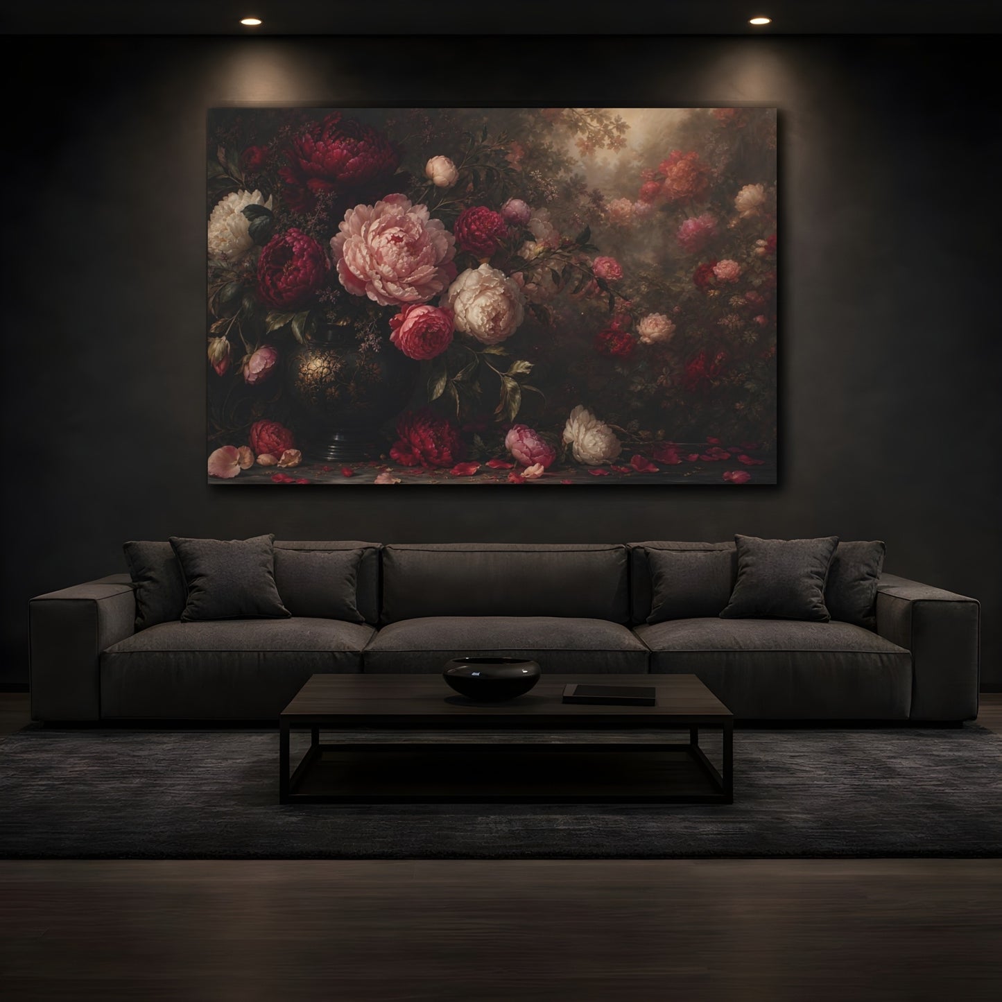 Mockup 3. Floral Peonies Dark Floral Peonies shown as stretched canvas wall art