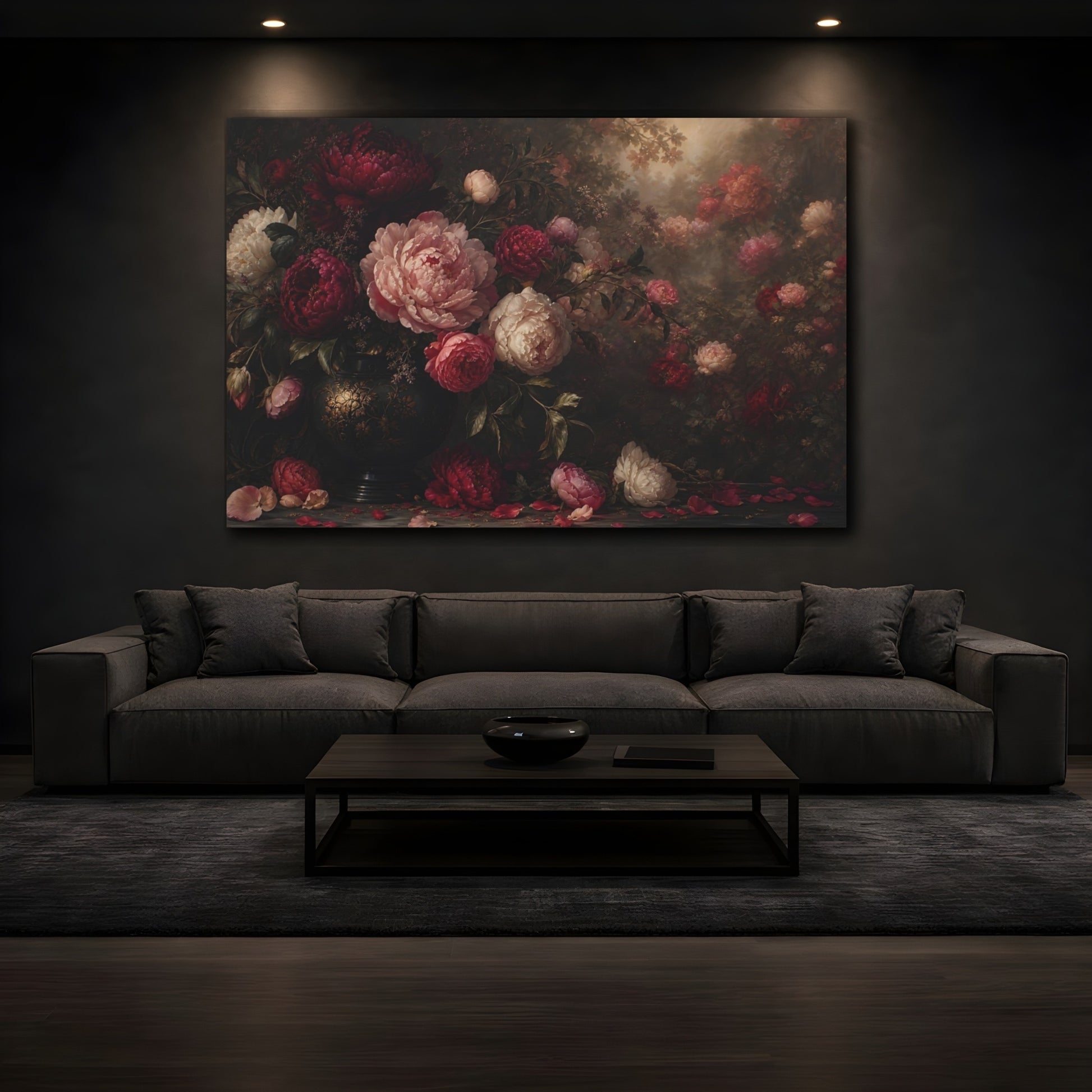 Mockup 3. Floral Peonies Dark Floral Peonies shown as stretched canvas wall art