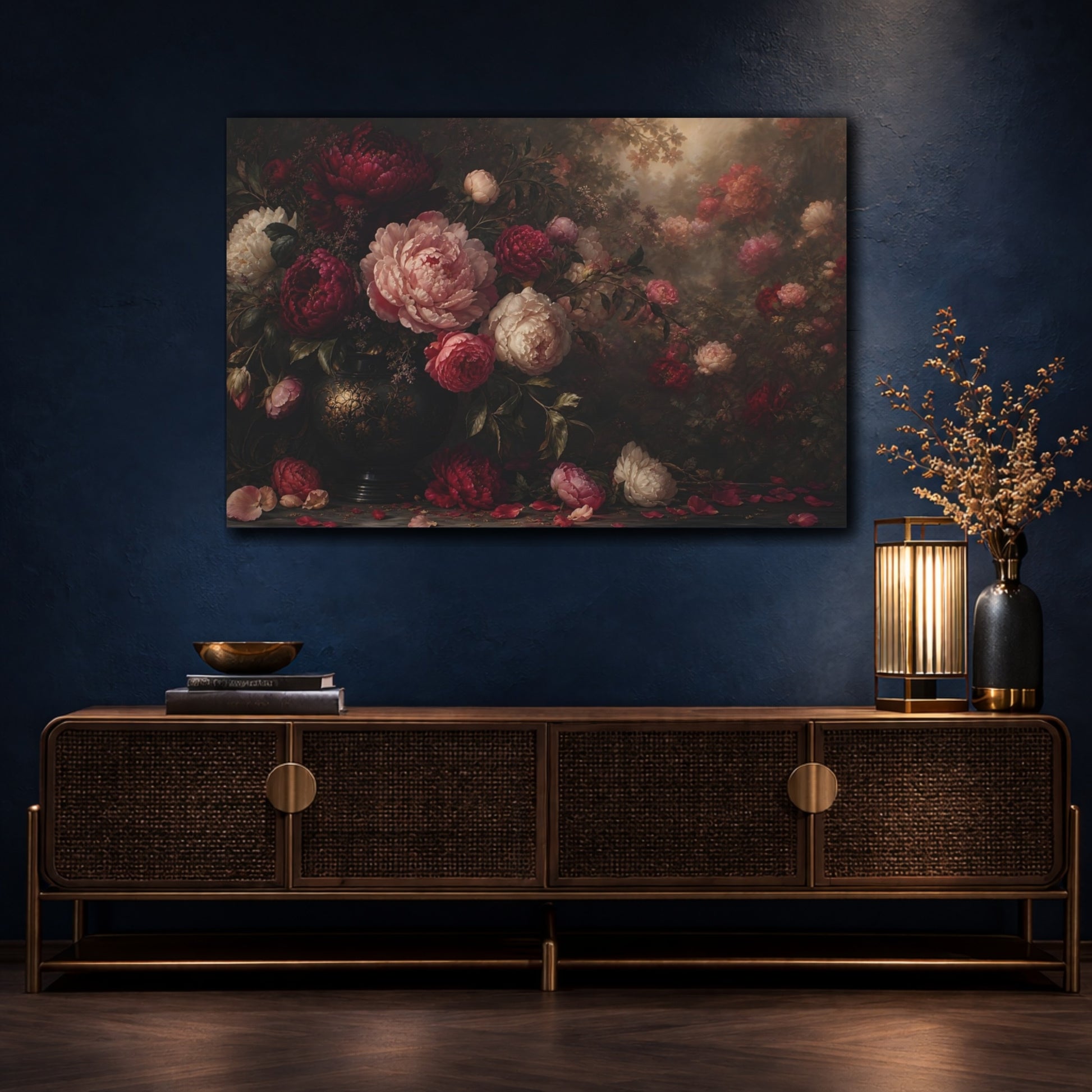 Mockup 4. Floral Peonies Dark Floral Peonies shown as stretched canvas wall art