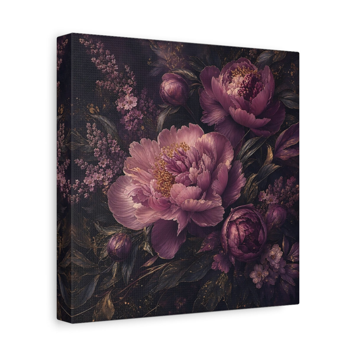 Side Mockup 9. Floral Peonies Dark Purple Floral shown as stretched canvas wall art