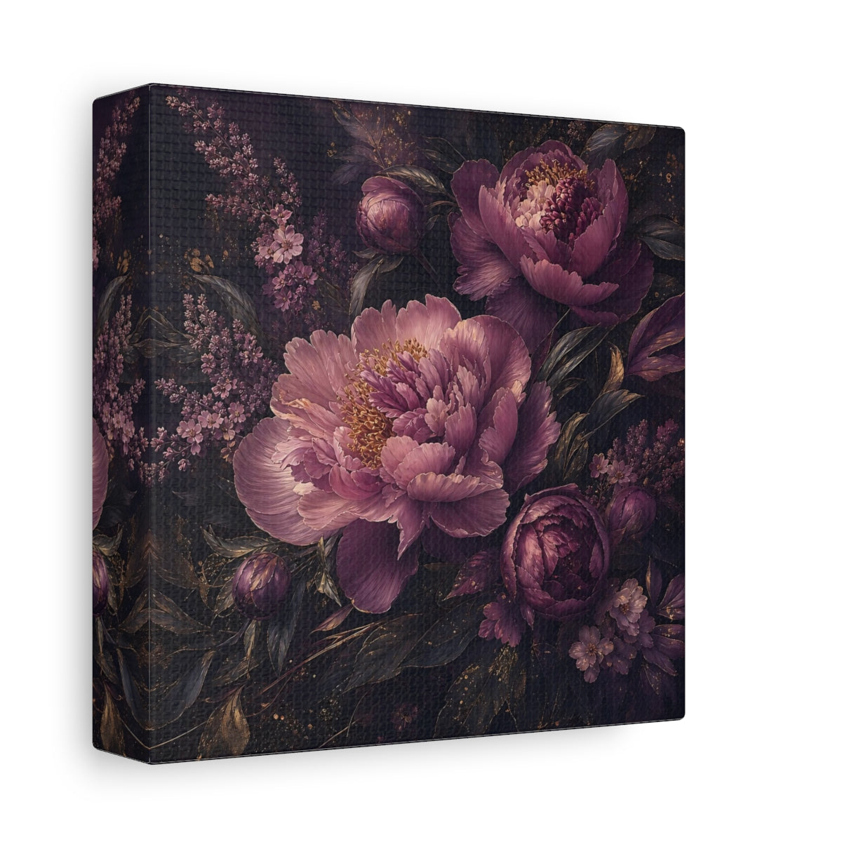 Side Mockup 2. Floral Peonies Dark Purple Floral shown as stretched canvas wall art