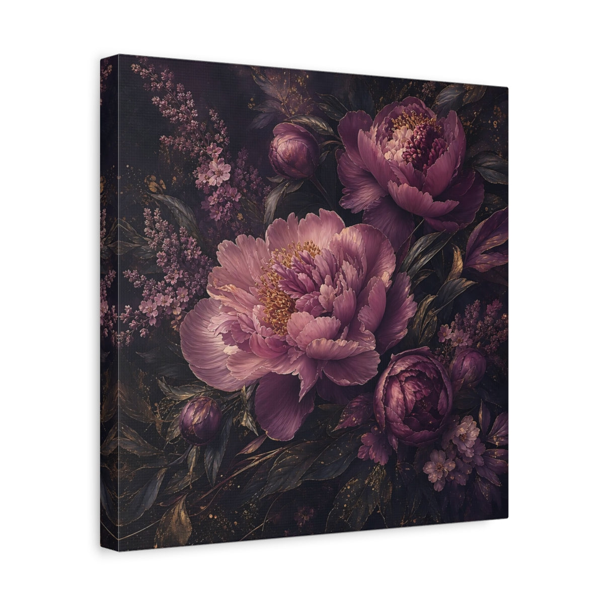 Side Mockup 7. Floral Peonies Dark Purple Floral shown as stretched canvas wall art