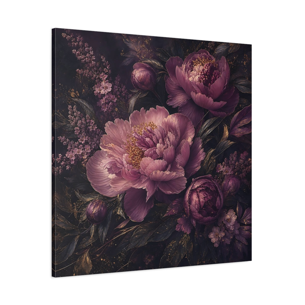 Side Mockup 1. Floral Peonies Dark Purple Floral shown as stretched canvas wall art