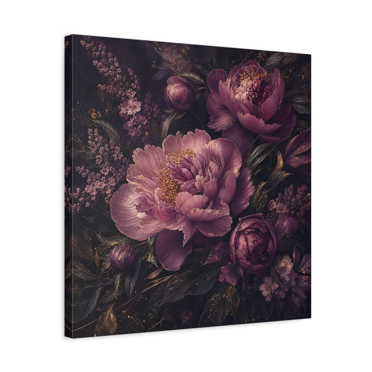 Side Mockup 5. Floral Peonies Dark Purple Floral shown as stretched canvas wall art