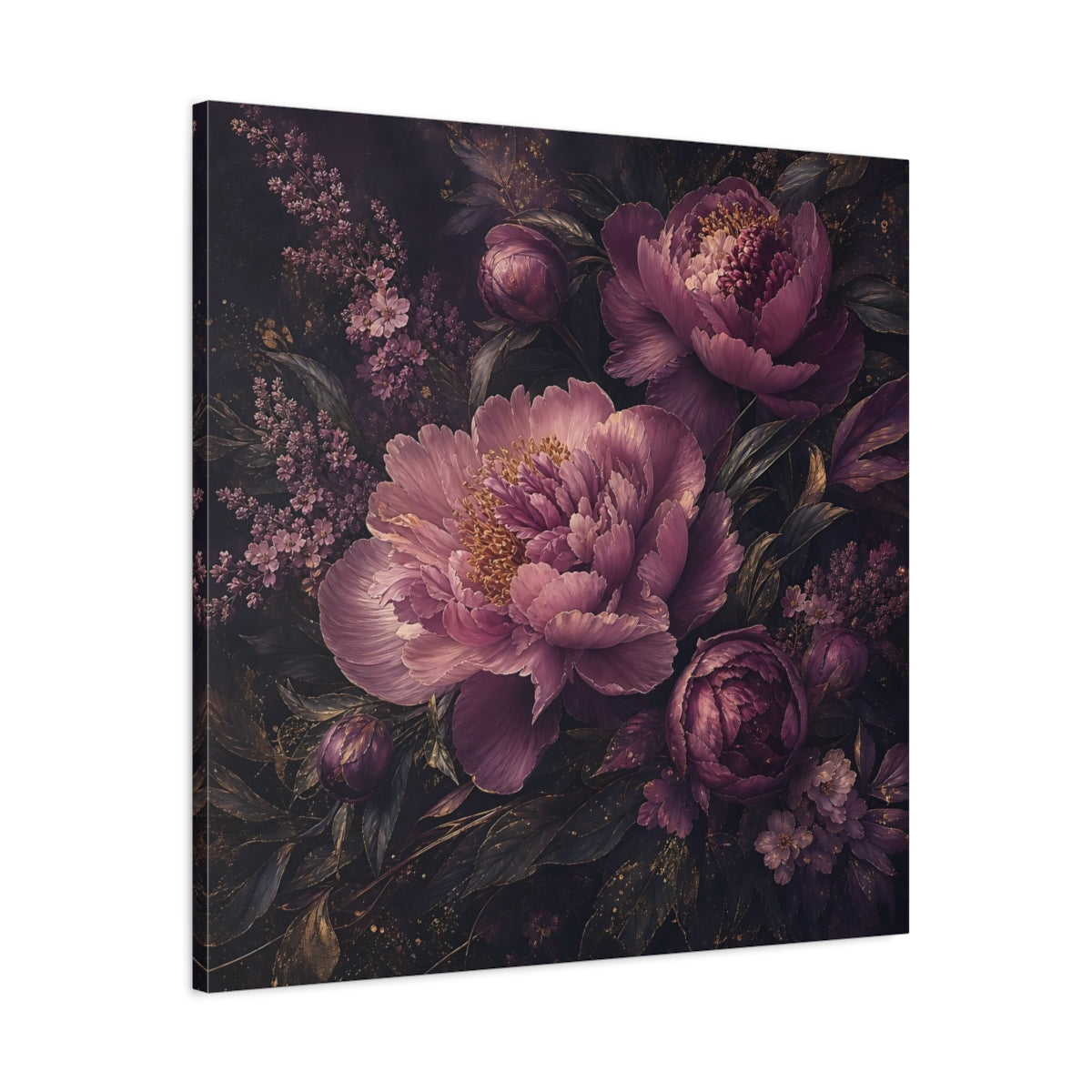 Side Mockup 3. Floral Peonies Dark Purple Floral shown as stretched canvas wall art