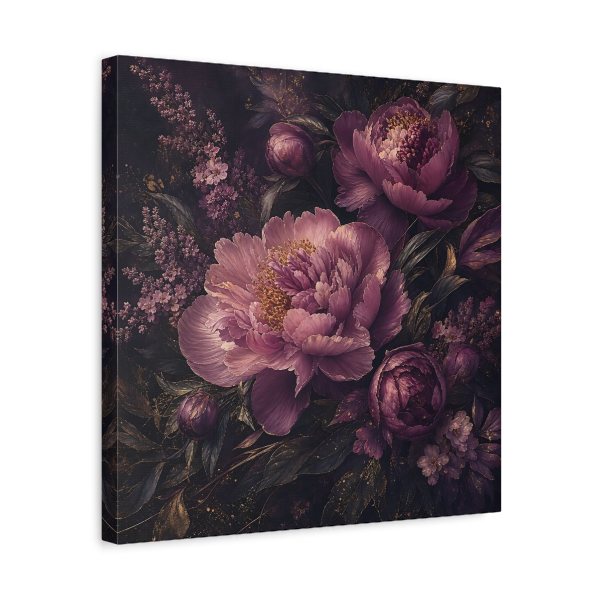 Side Mockup 6. Floral Peonies Dark Purple Floral shown as stretched canvas wall art