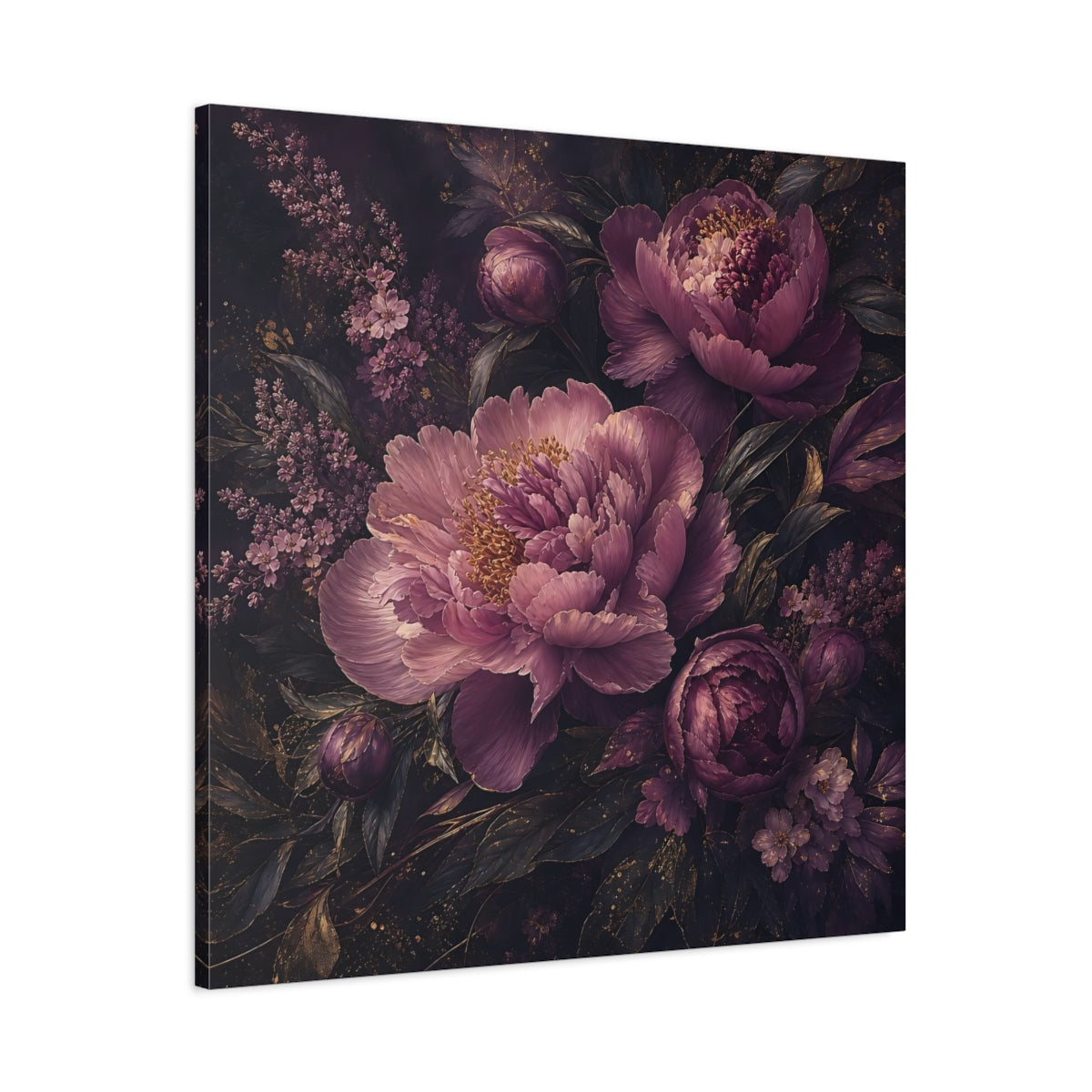 Main Mockup. Floral Peonies Dark Purple Floral shown as stretched canvas wall art