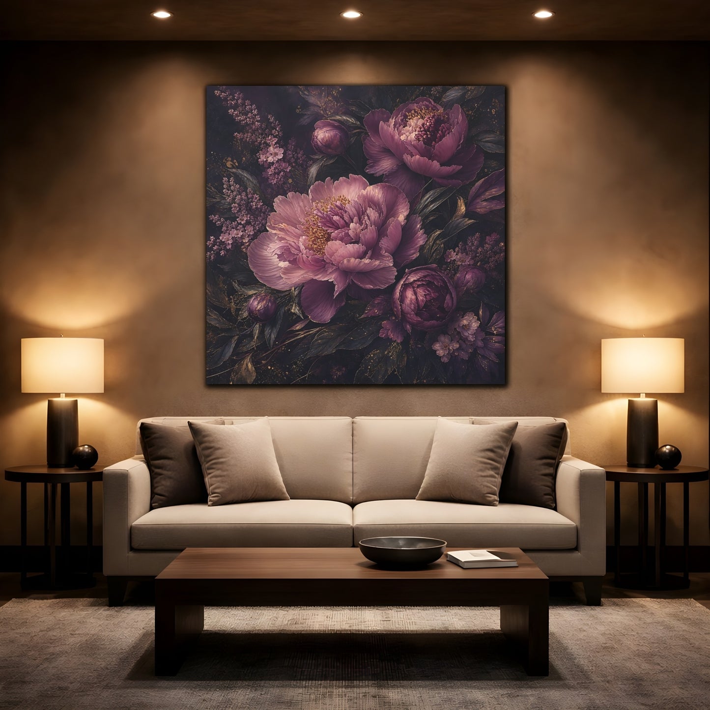 Mockup 2. Floral Peonies Dark Purple Floral shown as stretched canvas wall art