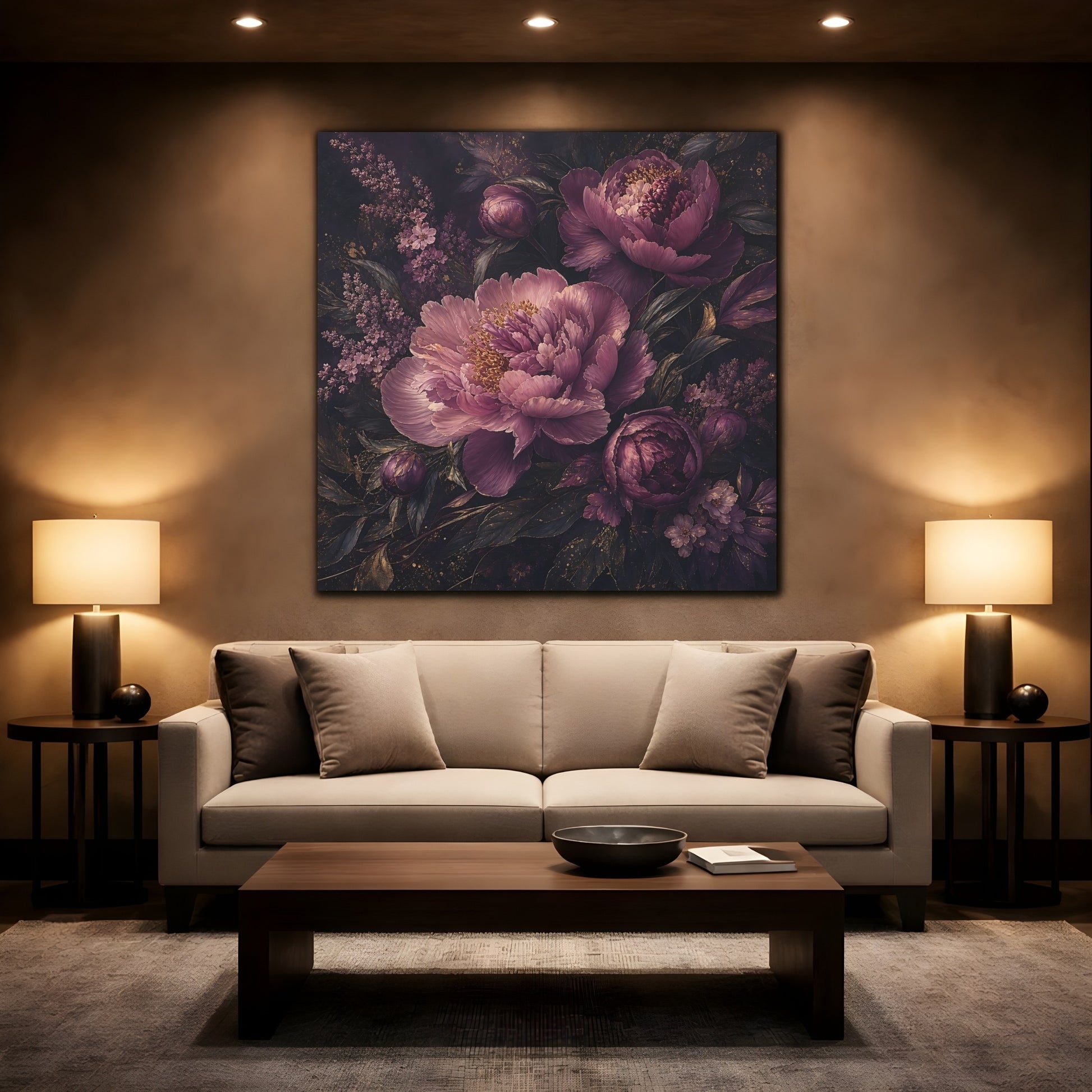 Mockup 2. Floral Peonies Dark Purple Floral shown as stretched canvas wall art