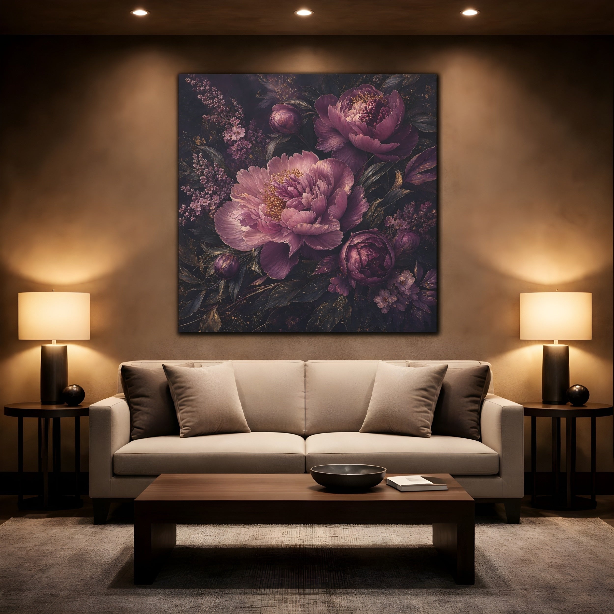 Mockup 2. Floral Peonies Dark Purple Floral shown as stretched canvas wall art