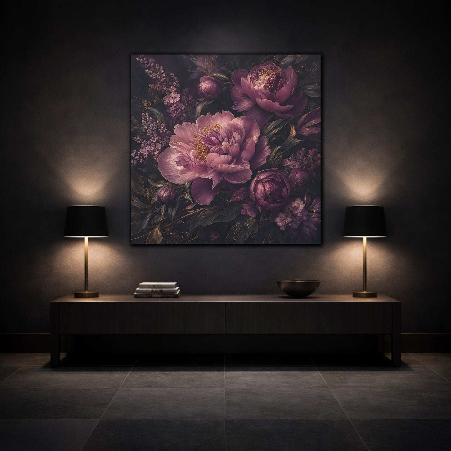 Mockup 3. Floral Peonies Dark Purple Floral shown as stretched canvas wall art