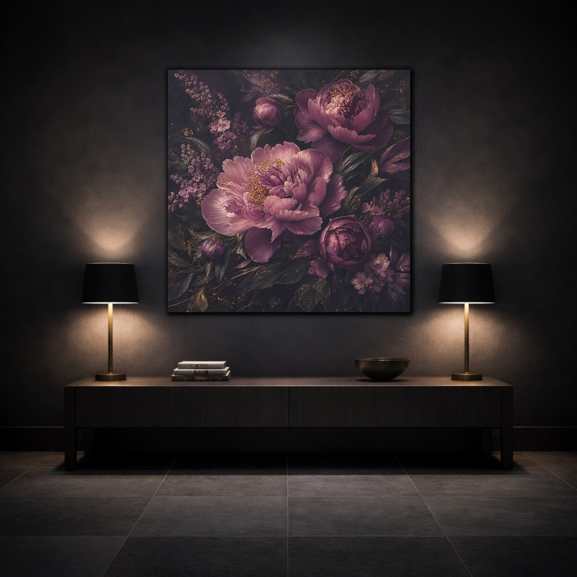 Mockup 3. Floral Peonies Dark Purple Floral shown as stretched canvas wall art