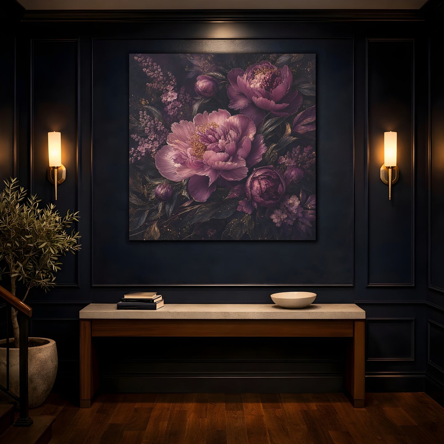Mockup 4. Floral Peonies Dark Purple Floral shown as stretched canvas wall art