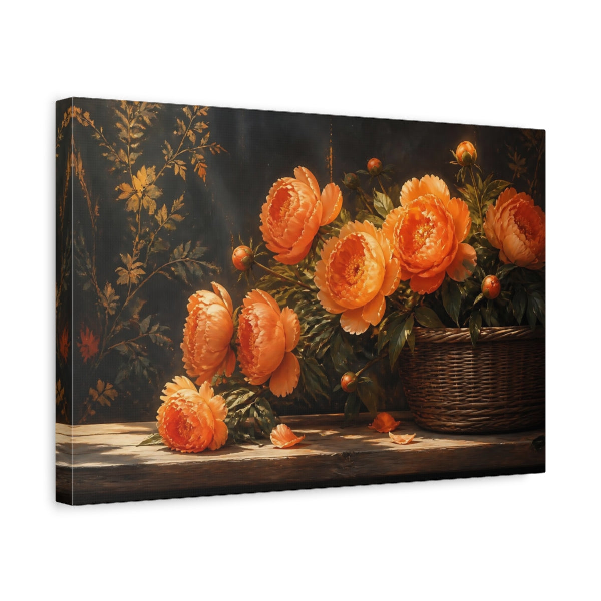Side Mockup 4. Floral Peonies Orange Floral Arrangement shown as stretched canvas wall art
