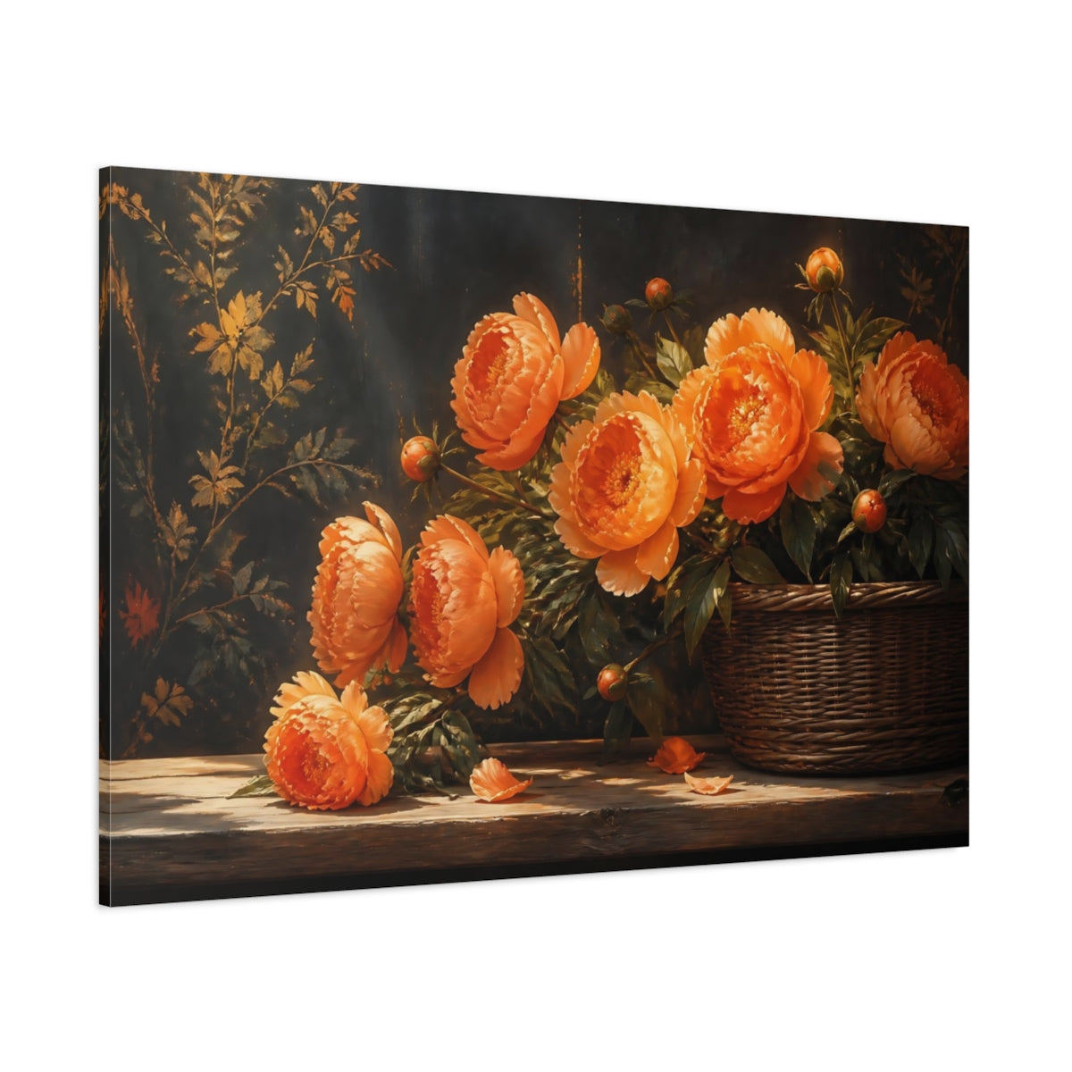 Side Mockup 1. Floral Peonies Orange Floral Arrangement shown as stretched canvas wall art
