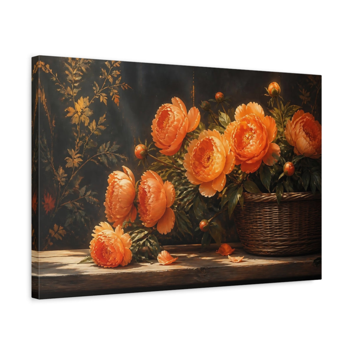 Side Mockup 3. Floral Peonies Orange Floral Arrangement shown as stretched canvas wall art