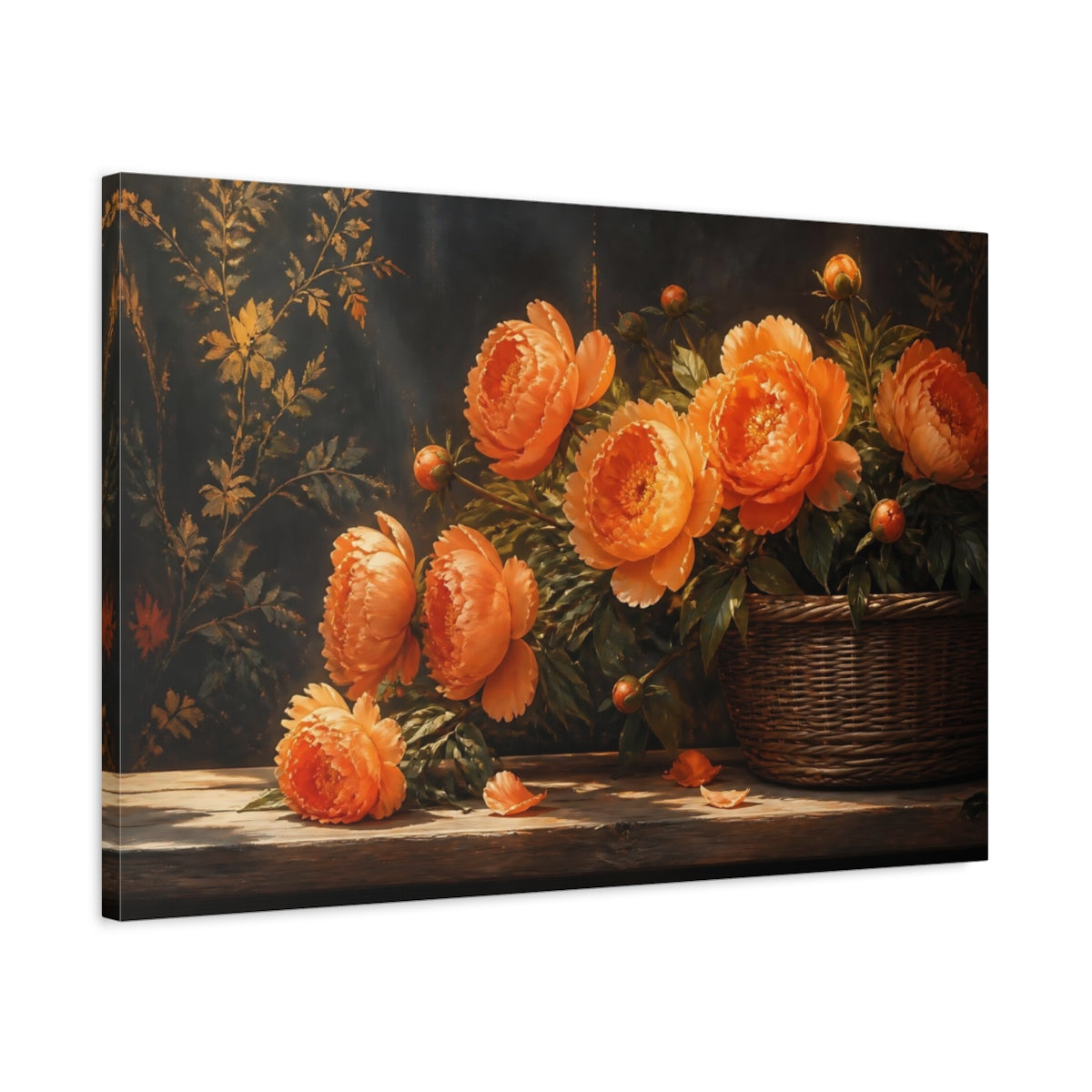 Side Mockup 2. Floral Peonies Orange Floral Arrangement shown as stretched canvas wall art