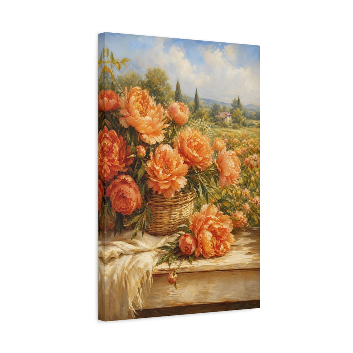 Side Mockup 3. Floral Peonies Orange Peonies shown as stretched canvas wall art