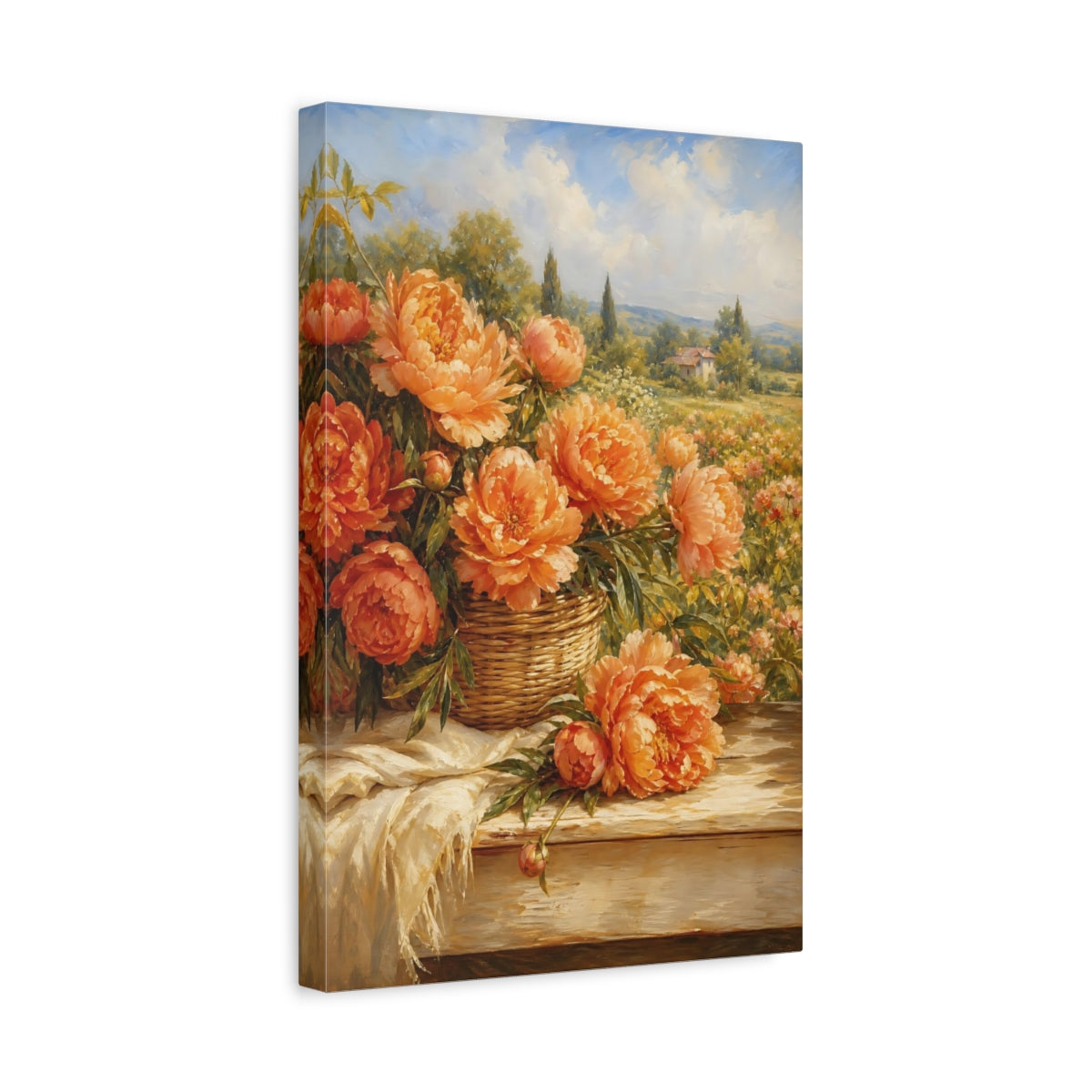 Side Mockup 4. Floral Peonies Orange Peonies shown as stretched canvas wall art