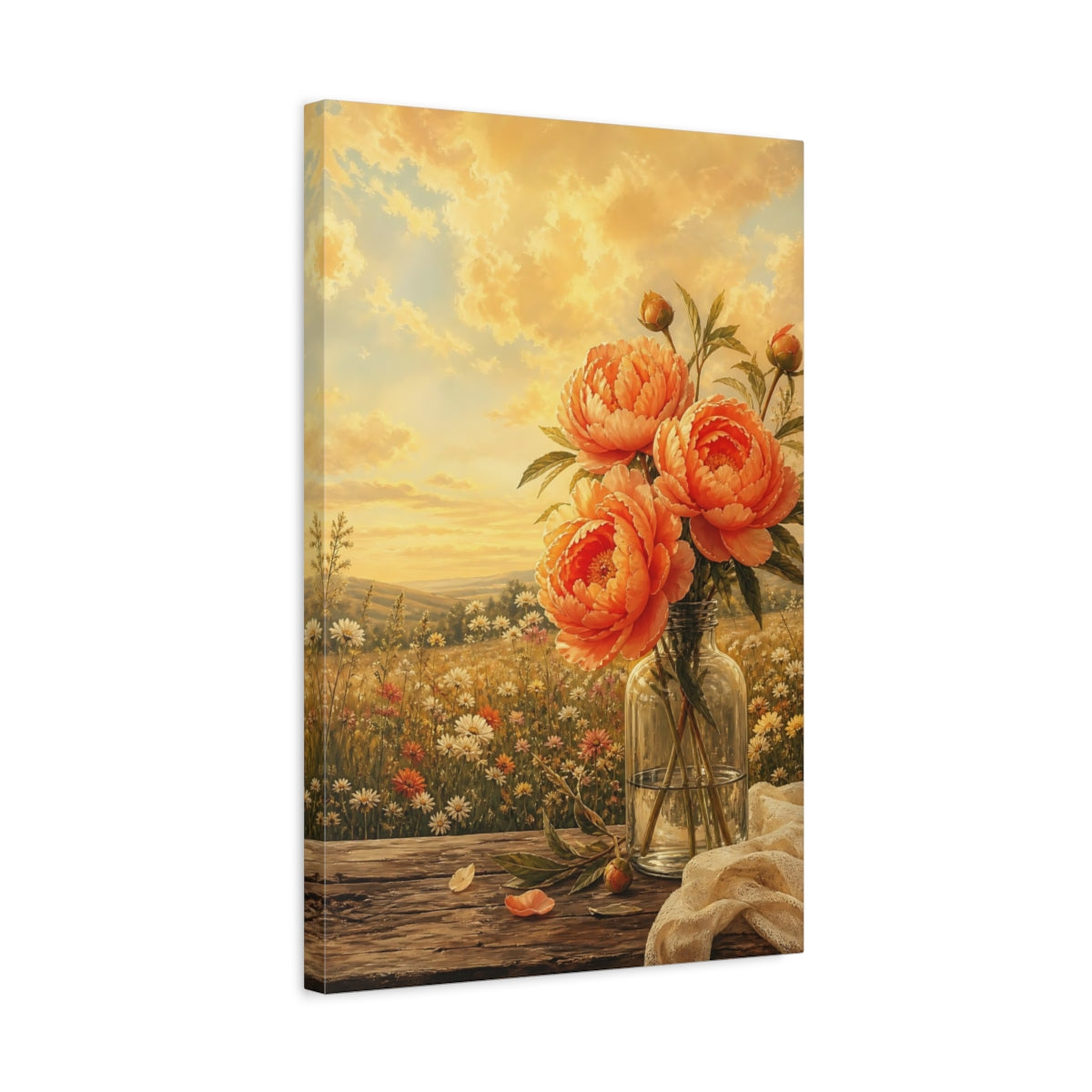 Side Mockup 3. Floral Peonies Orange Peonies shown as stretched canvas wall art