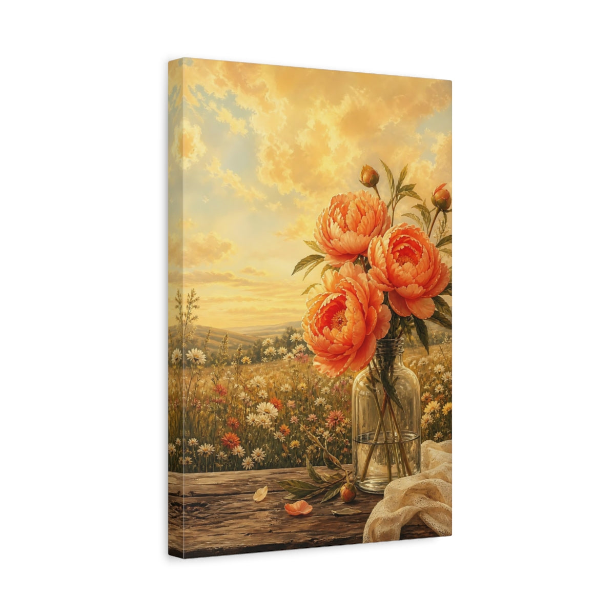Side Mockup 4. Floral Peonies Orange Peonies shown as stretched canvas wall art