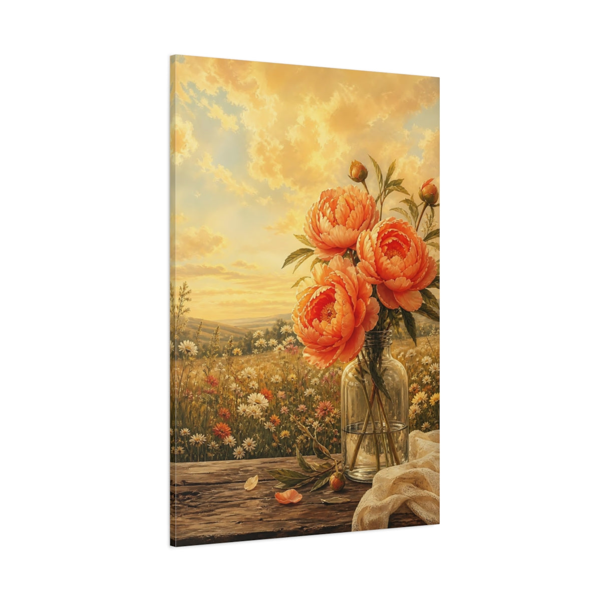 Side Mockup 1. Floral Peonies Orange Peonies shown as stretched canvas wall art
