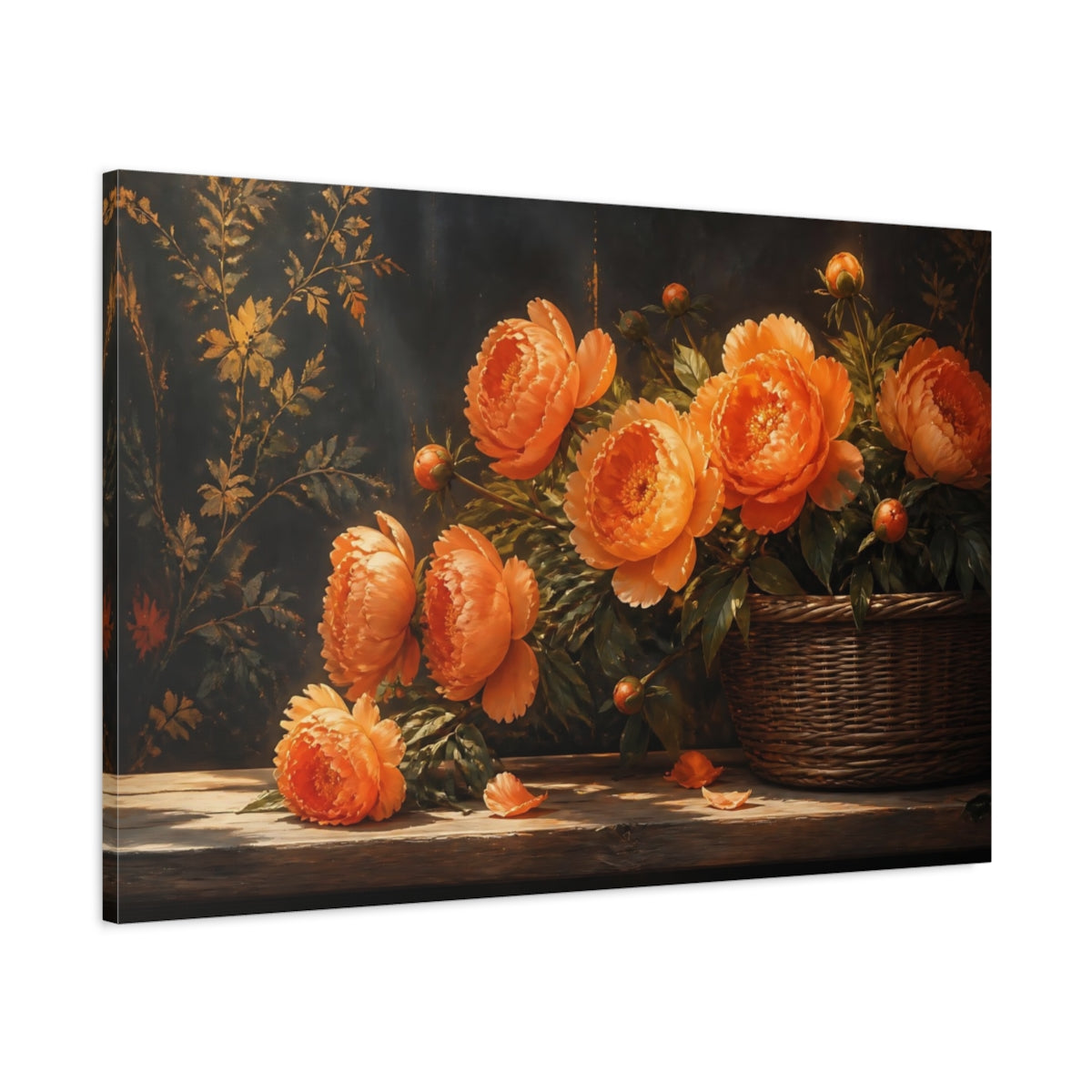 Main Mockup. Floral Peonies Orange Floral Arrangement shown as stretched canvas wall art