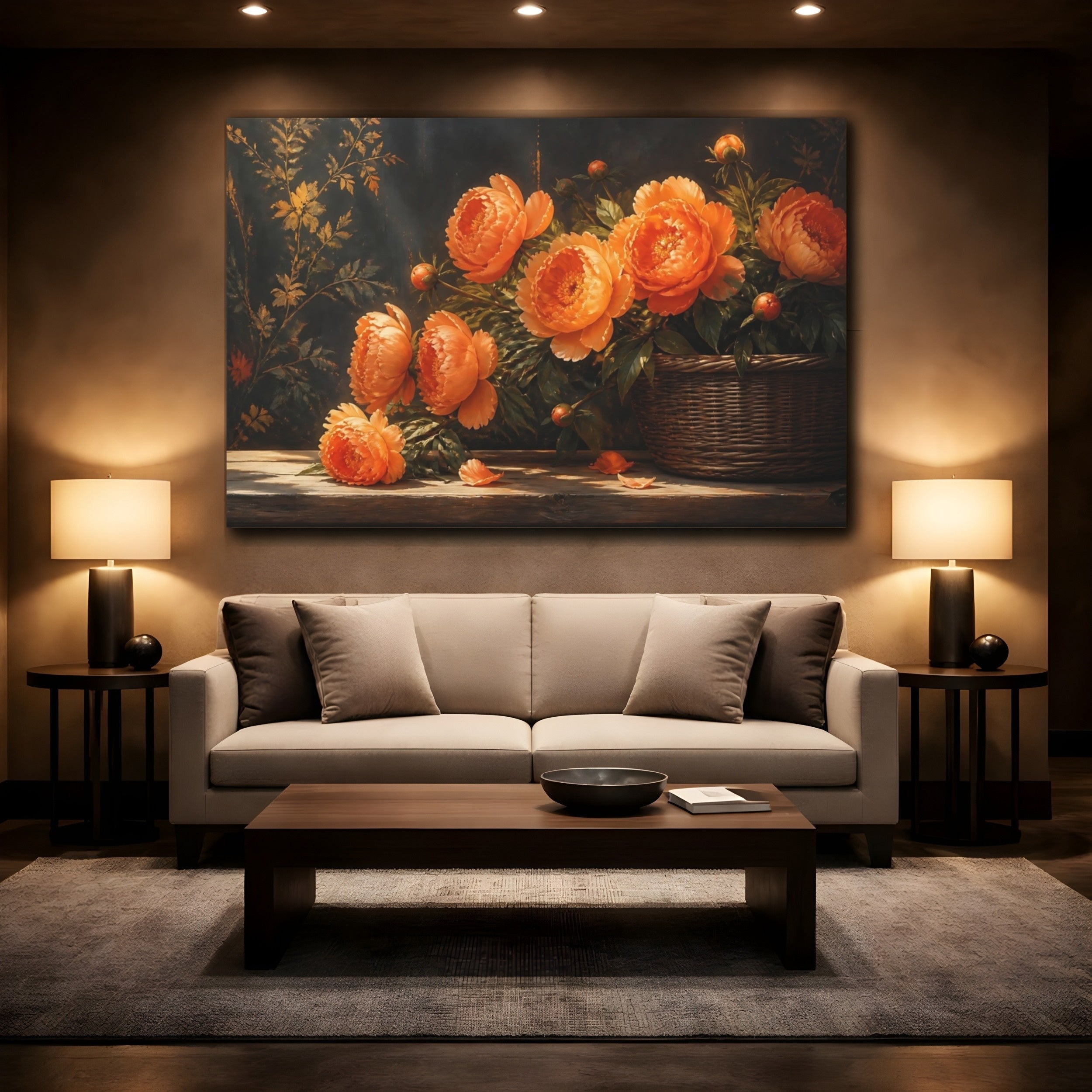 Mockup 2. Floral Peonies Orange Floral Arrangement shown as stretched canvas wall art