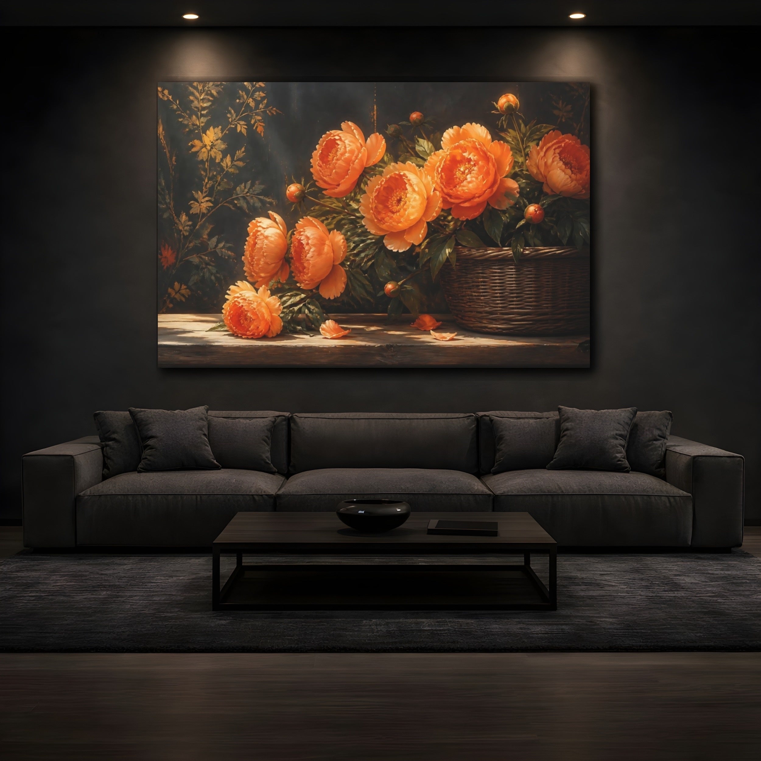 Mockup 3. Floral Peonies Orange Floral Arrangement shown as stretched canvas wall art