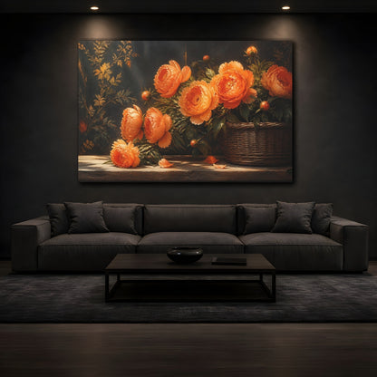 Mockup 3. Floral Peonies Orange Floral Arrangement shown as stretched canvas wall art