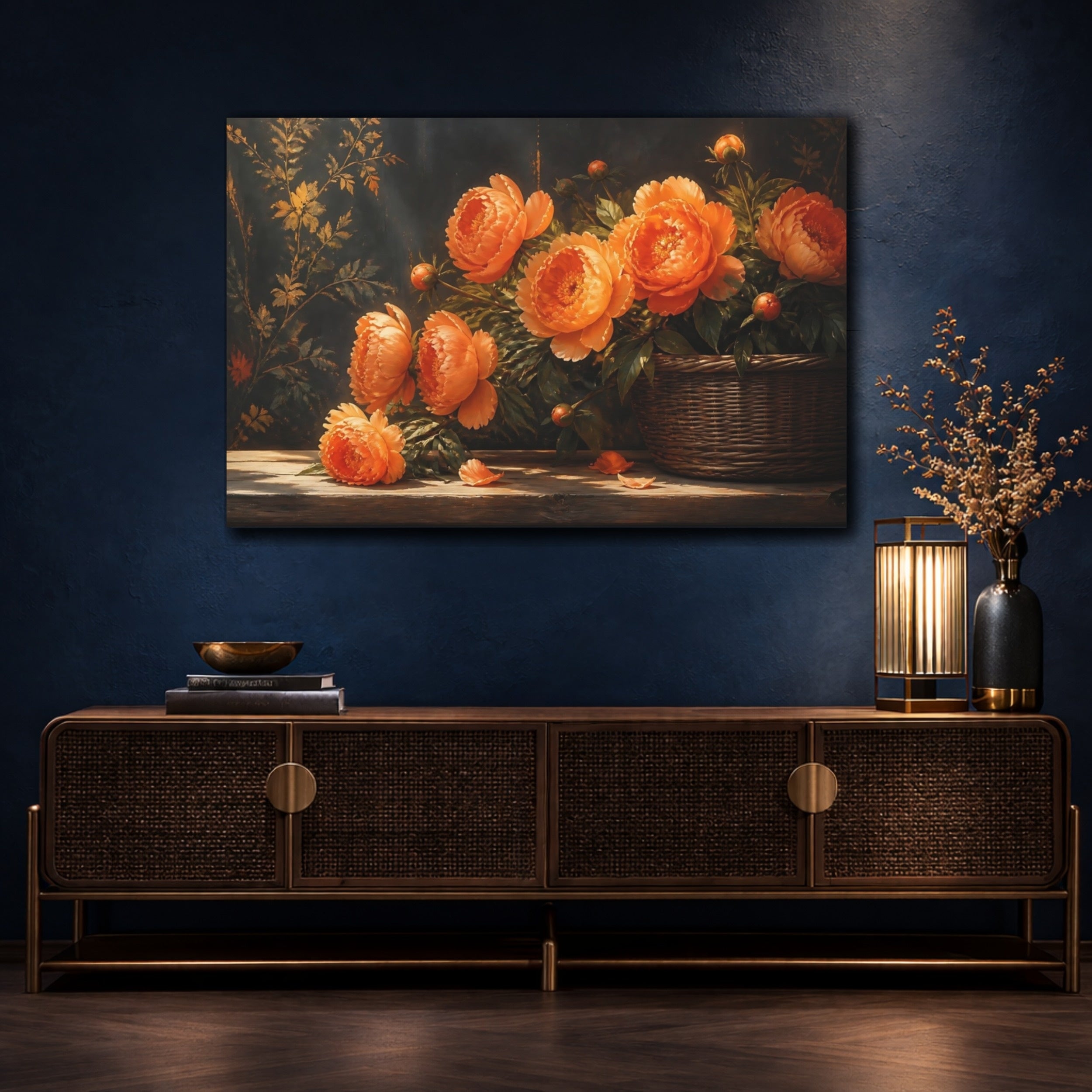 Mockup 4. Floral Peonies Orange Floral Arrangement shown as stretched canvas wall art