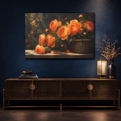 Mockup 4. Floral Peonies Orange Floral Arrangement shown as stretched canvas wall art