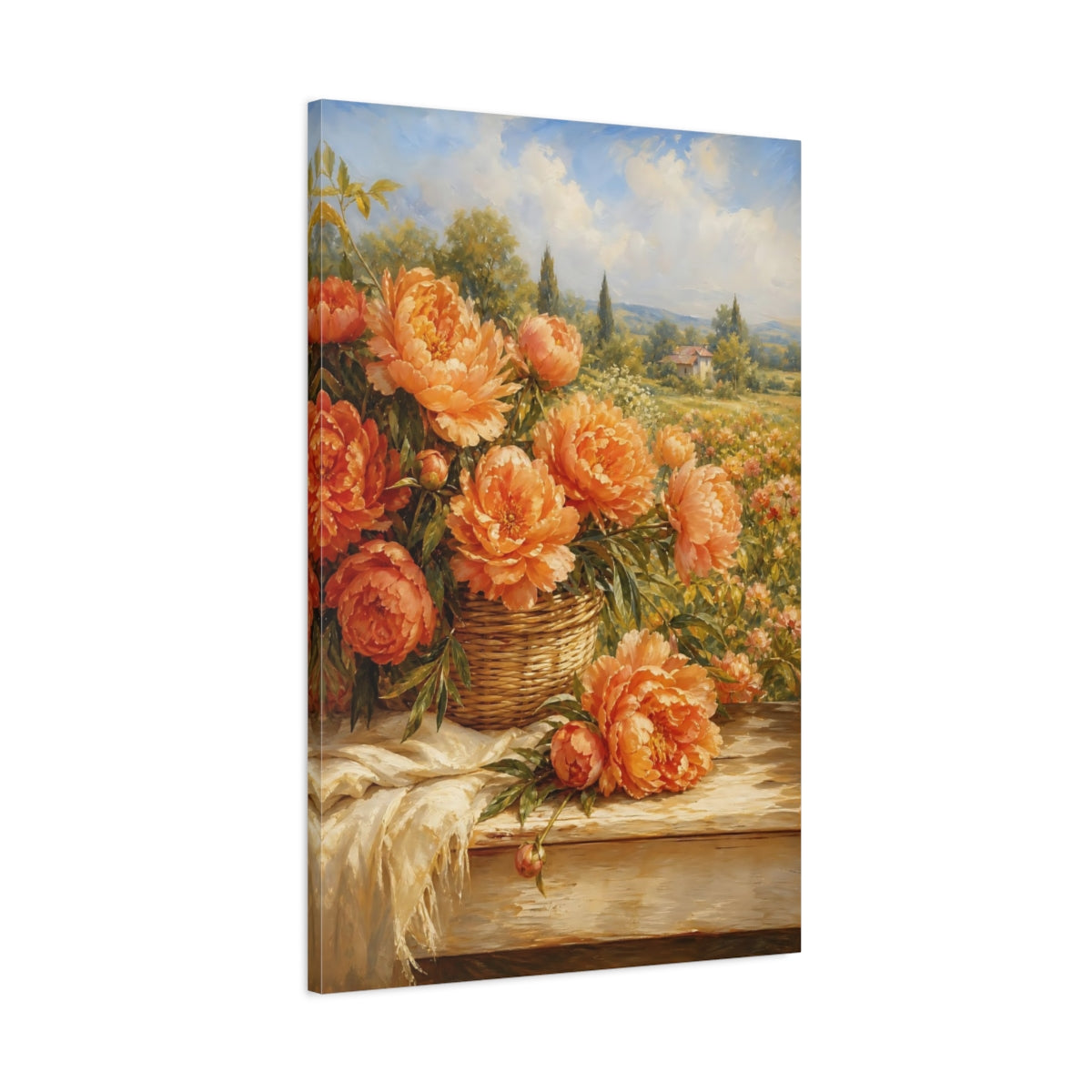 Main Mockup. Floral Peonies Orange Peonies shown as stretched canvas wall art