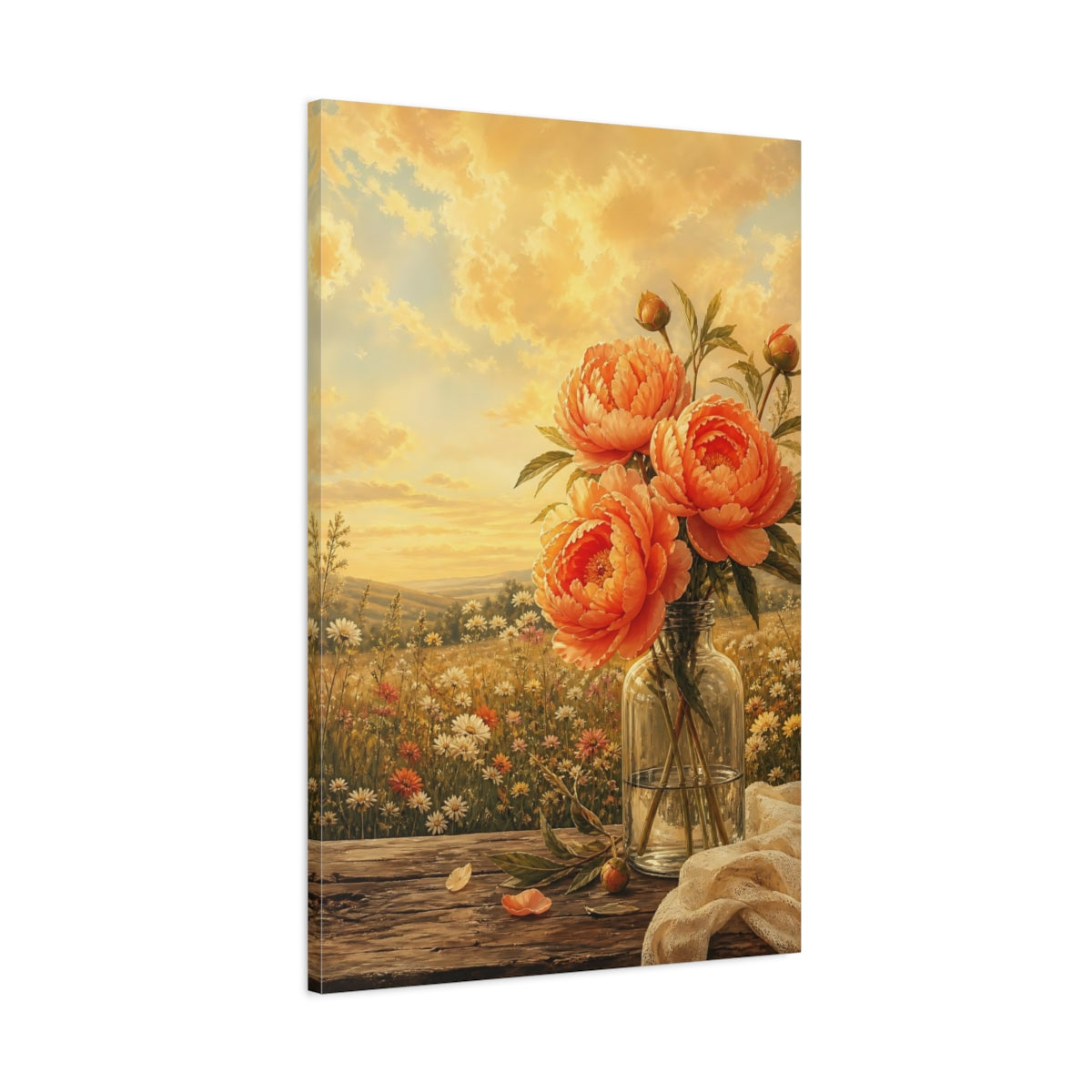 Main Mockup. Floral Peonies Orange Peonies shown as stretched canvas wall art