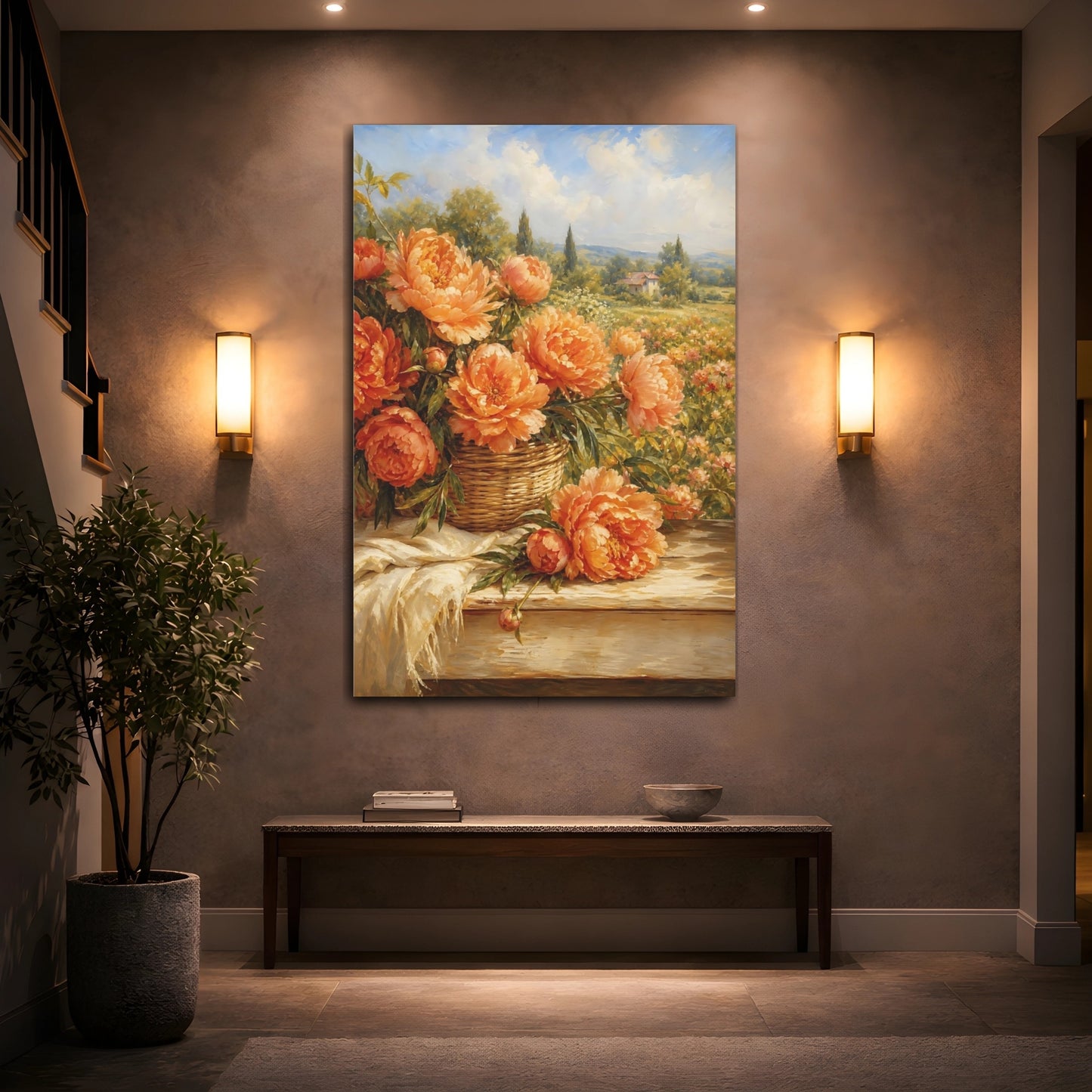 Mockup 2. Floral Peonies Orange Peonies shown as stretched canvas wall art
