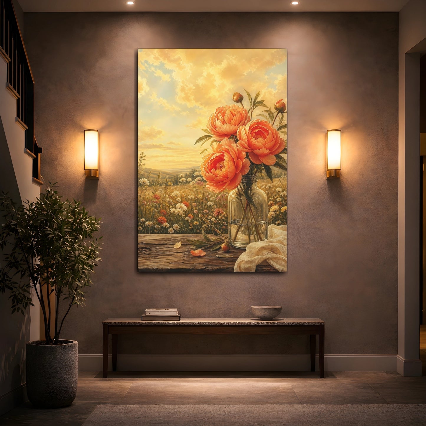 Mockup 2. Floral Peonies Orange Peonies shown as stretched canvas wall art