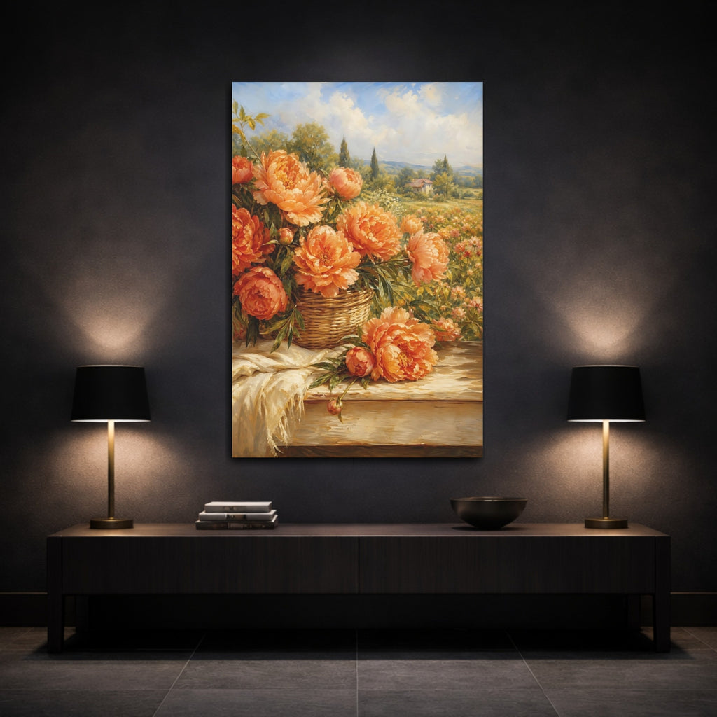 Mockup 3. Floral Peonies Orange Peonies shown as stretched canvas wall art