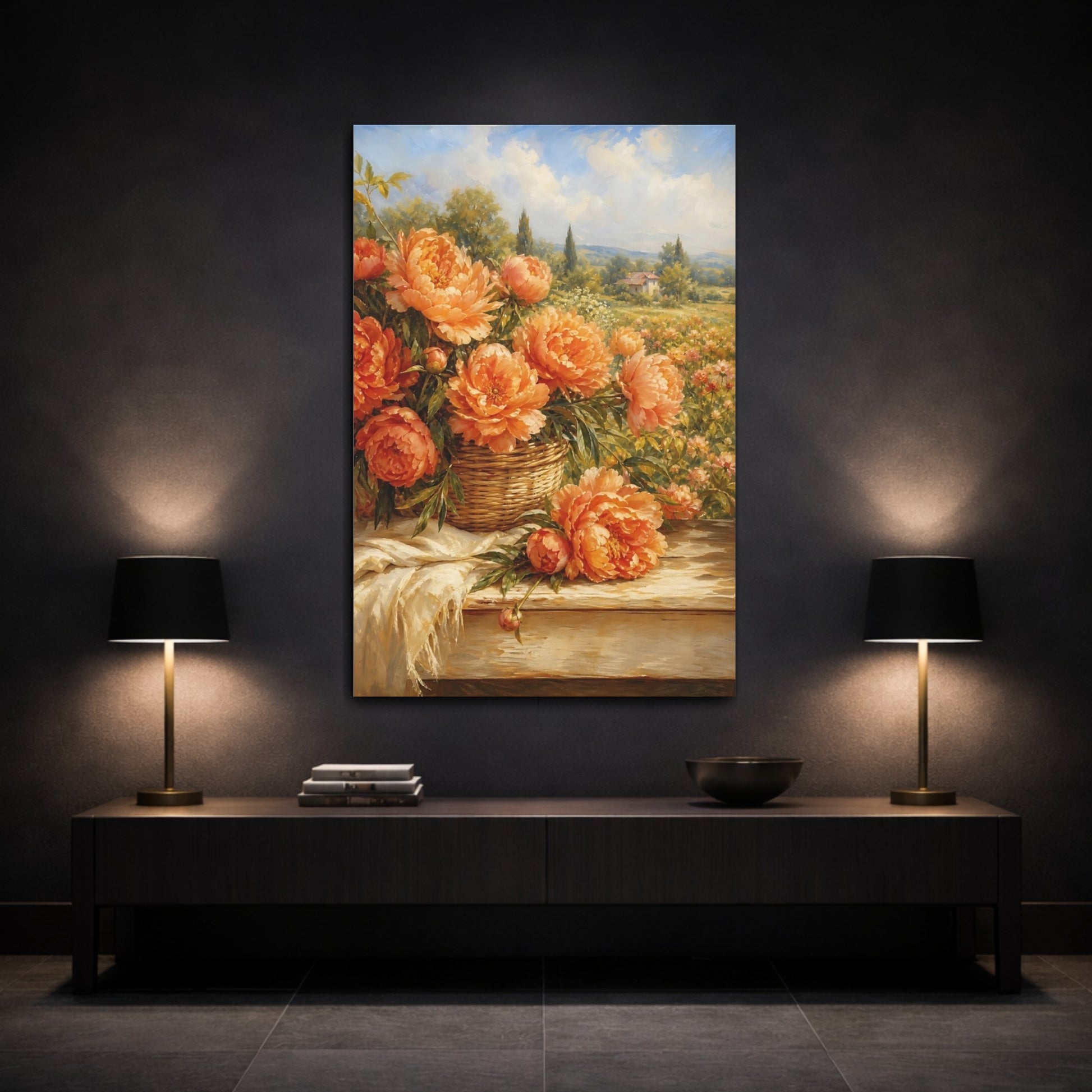 Mockup 3. Floral Peonies Orange Peonies shown as stretched canvas wall art
