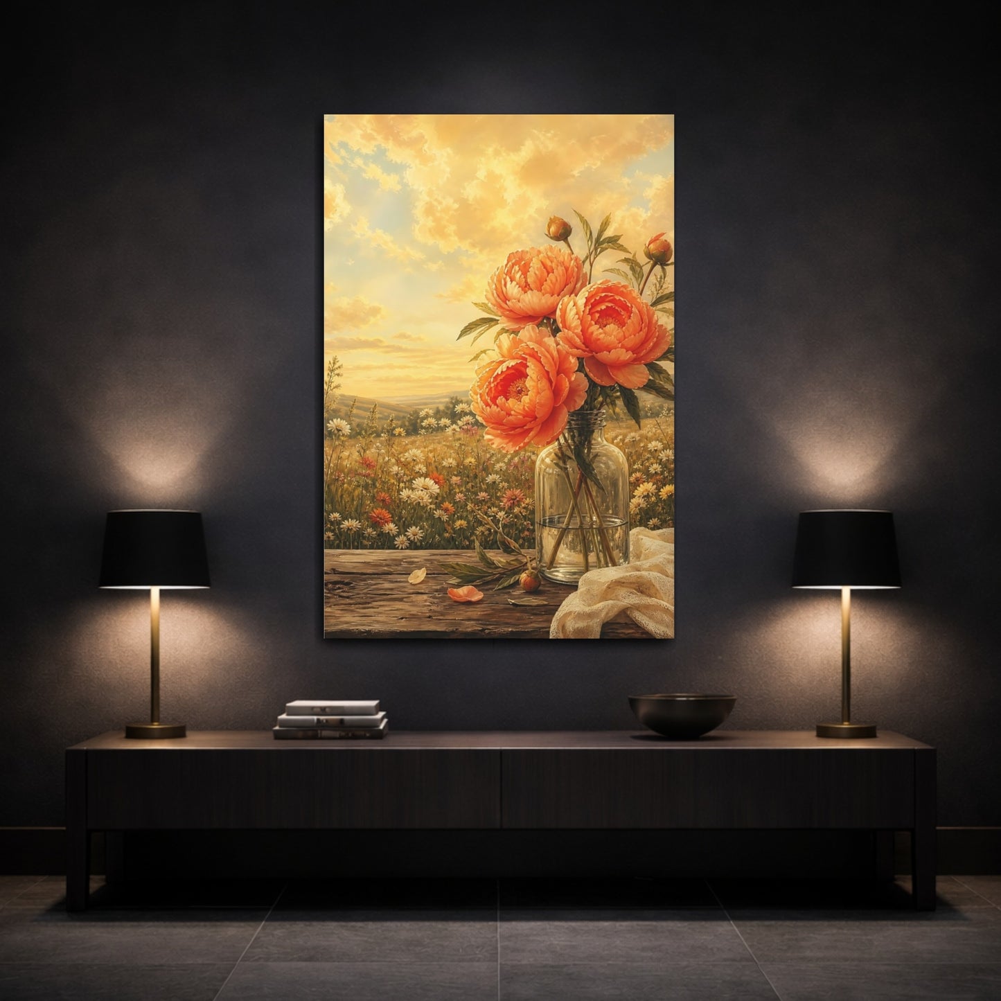 Mockup 3. Floral Peonies Orange Peonies shown as stretched canvas wall art