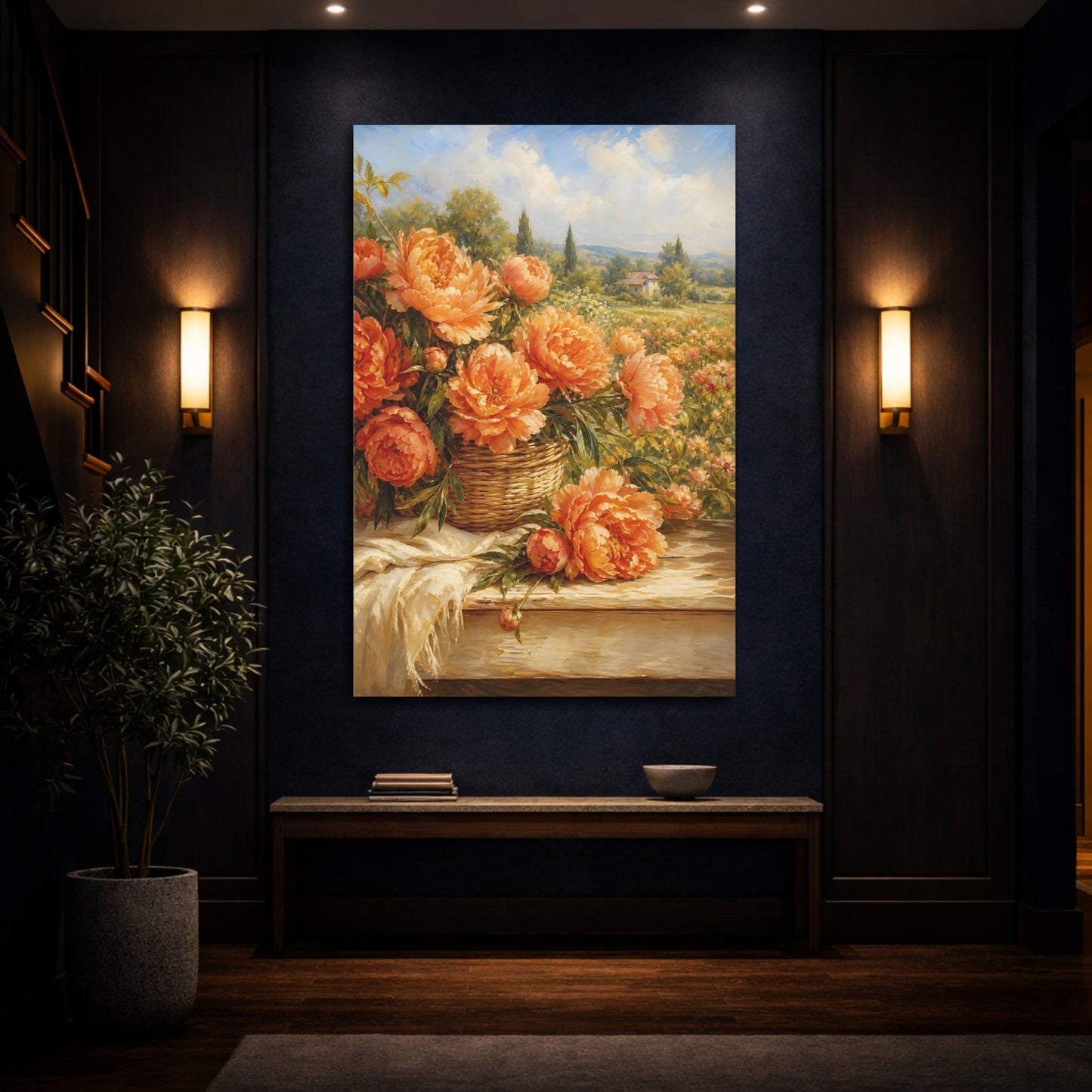 Mockup 4. Floral Peonies Orange Peonies shown as stretched canvas wall art