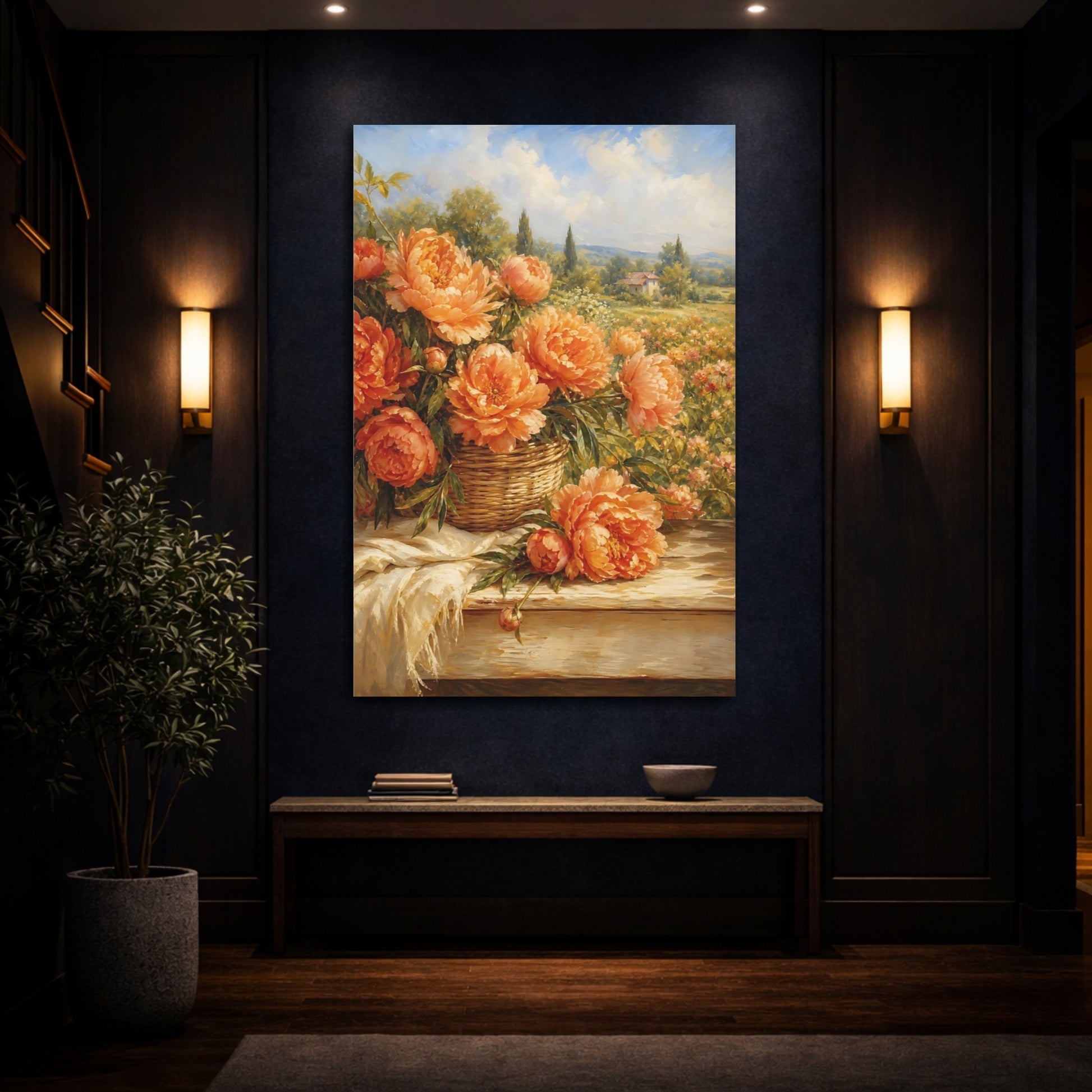 Mockup 4. Floral Peonies Orange Peonies shown as stretched canvas wall art