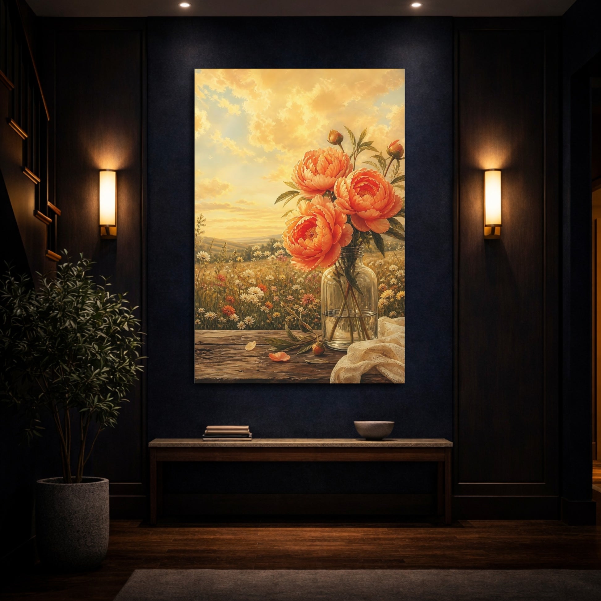 Mockup 4. Floral Peonies Orange Peonies shown as stretched canvas wall art